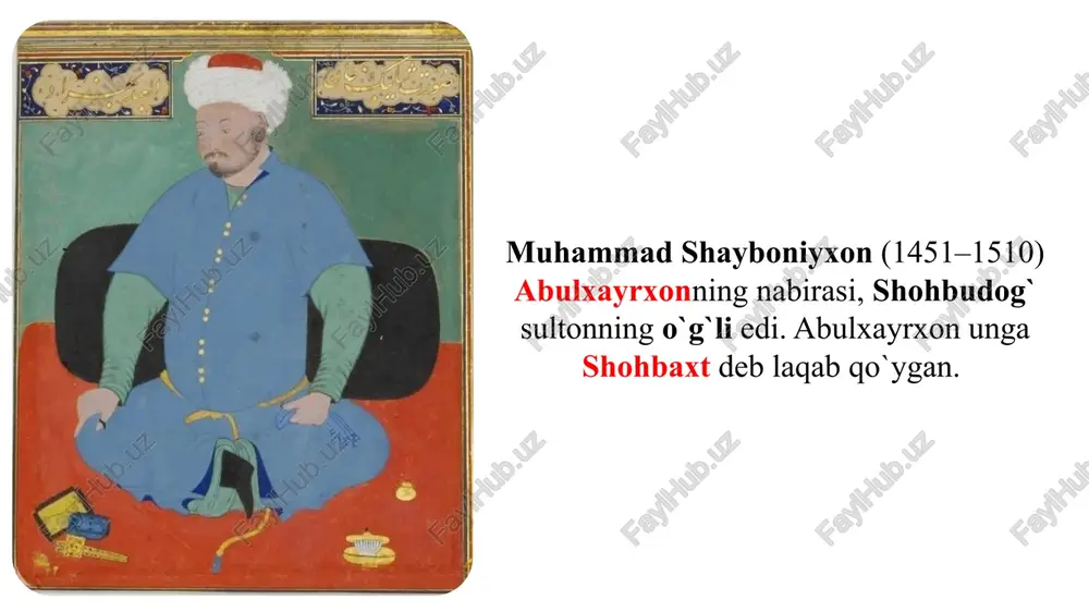 hlanadi. bundan xabar topgan shayboniyxon katta kuch bilan yana samarqandga yurish boshlaydi. 1501-yil aprelda zarafshon bo`yidagi saripul qishlog`ida bo`lgan jangda bobur yengiladi va samarqandga chekinadi. to`rt oylik qamaldan so`ng bobur 1501-yil toshkentga tog`asi mahmudxon huzuriga yo`l olgan. 1501-yil 1 2 3 5 4 1503-yil 1504-yil mahmud sulton ukasi suyunchixo`ja amakisi 1504-yil, qunduz 1505-yil shayboniyxonning movoraunnahrni egallashi 6 7 1506-yil, balx 1507-yil, hirot 8 1508-yil, marv shayboniylar davlati shayboniyxon «imom uz-zamon, xalifat ur-rahmon» unvonini olib, o‘z qo'lida dunyoviy va diniy hokimiyatni birlashtirdi. chorjo`y mashhad tus marv,1510 ismoil safaviy muhammad shayboniyxon 1 1510-yil marvda shayboniyxon yordam kutmasdan jangga kiradi “qizilboshli”lar bilan bo`lgan jangda shayboniyxon o`ladi. 2 shayboniyni kallasi olinib po`sti shilinadi va ichiga somon to`ldirilgan. olingan kalla turk sultoni boyazid iiga jo`natilgan. 3 ismoil kalla chanog`ini oltin bilan qoplatgan. bayramlarda bu idishga may quyib ichgan jang tugaganidan so`ng uning jasadi askarlar jasadlari orasidan topilgan. shayboniyxonning vahshiylarcha tanib bo`lmas holga keltirilgan boshsiz tanasi …