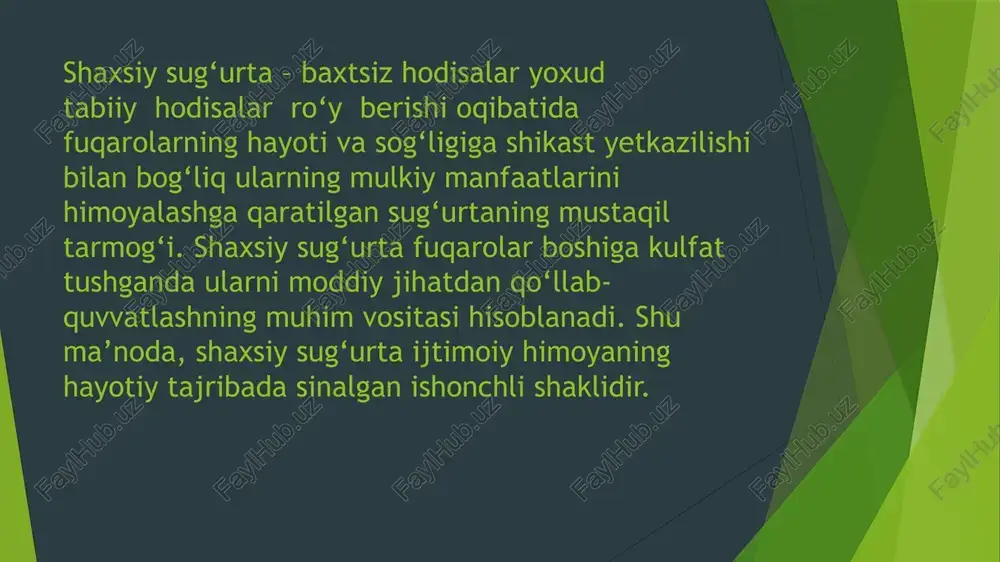 axsiy sug‘urta shartnomasi tuzishda sug‘urta qildiruvchi bilan sug‘urtalovchi o‘rtasida quyidagilar to‘g‘risida kelishuvga erishilishi lozim: - sug‘urtalangan shaxs hayotida yuz berishi ehtimol tutilib sug‘urta amalga oshirilayotgan voqea (sug‘urta hodisasi)ning xususiyati to‘g‘risida; - sug‘urtalangan shaxs to‘g‘risida; - sug‘urta puli miqdori to‘g‘risida; - shartnomaning amal qilish muddati to‘g‘risida. - sug‘urta mukofotining miqdori va uni to‘lash muddati (muddatlari) to‘g‘risida; sug‘urtalanuvchining hayoti, sog‘lig‘i, mehnat qobiliyati bilan bog‘liq mulkiy manfaatlari shaxsiy sug‘urtaning ob’ekti hisoblanadi. sug‘urtalovchi va sug‘urtalanuvchilar hamda sug‘urtalangan shaxslar shaxsiy sug‘urta sub’ektlaridir. shaxsiy sug‘urta, odatda, fuqarolarni quyidagi xavf-xatarlardan himoyalanishini nazarda tutadi: sug‘urtalanuvchining yoki sug‘urtalangan shaxsning vafot etishi; mehnat qobiliyatini vaqtinchalik yo‘qotishi; nafaqa yoshiga yetishi bilan fuqaroning faol mehnat faoliyatini tugashi. o‘zbekiston respublikasida shaxsiy sug‘urtani amalga oshirishning huquqiy asoslari fuqarolik kodeksining 921-moddasida aks ettirilgan. unga ko‘ra, shaxsiy sug‘urta shartnomasi bo‘yicha bir taraf (sug‘urtalovchi) boshqa taraf (sug‘urta qildiruvchi) to‘laydigan, shartnomada shartlashilgan haq (sug‘urta mukofoti) evaziga sug‘urta qildiruvchining o‘zining yoxud shartnomada ko‘rsatilgan boshqa fuqaro (sug‘urtalangan shaxs)ning hayoti yoki …