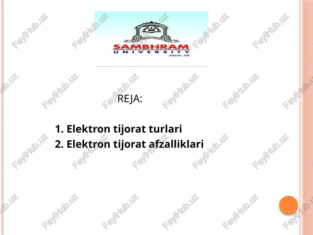 at buyurtmalarini bajarish; - soliq, statistika, bojxona va boshqa hisobotlarni taqdim etish. elektron tijorat afzalliklari xarajatlarni kamaytirish – do‘kon ochish yoki ofis ijaraga olish zarurati yo‘q. 24/7 faoliyat – savdo sutkaning istalgan vaqtida amalga oshiriladi. global bozorga chiqish – mahsulot va xizmatlarni dunyoning istalgan nuqtasiga sotish imkoniyati mavjud. marketing imkoniyatlari – ijtimoiy tarmoqlar, kontekst reklama va seo orqali mijozlarni jalb qilish osonroq. elektron tijorat platformalari – bular onlayn-doʻkoningizning asosi boʻlib, mijozlar koʻradigan doʻkon va mahsulotlar, buyurtmalar va inventarlarni boshqarish uchun backend funksiyalarini ta’minlaydi. ommabop variantlar orasida shopify [shopify dasturi tasviri], woocommerce [woocommerce dasturi tasviri], bigcommerce [bigcommerce dasturi tasviri] va magento [magento dasturi tasviri] kiradi. elektron tijorat platformasi egasi – bu bir nechta sotuvchilar oʻz mahsulotlarini potentsial xaridorlarning katta hovuziga roʻyxatga olishlari va sotishlari mumkin boʻlgan onlayn bozorga egalik qiluvchi va boshqaradigan kompaniyaga ishora qiladi. e’tiboringiz uchun raxmat. image2.jpeg image3.jpeg sambhram university /docprops/thumbnail.jpeg elektron tijorat platformalari va, lularning ish prinsiplari.