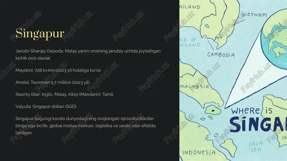 tashkil qildi. 5 2000-2023: raqamli iqtisodiyot smart nation raqamlashtirish va sun’iy intellektga investitsiya. barqaror rivojlanish yashil iqtisodiyotga o‘tish. startaplarni qo‘llab-quvvatlash innovatsiyalarni qo‘llab-quvvatlash. 6 iqtisodiy o‘sish usullari eksportga asoslangan model sanoat mahsulotlari eksporti. chet el investitsiyalari qulay muhit yaratish. inson kapitali ta’limga sarmoya kiritish. infratuzilma port, aeroport, transport. 7 swot tahlili: kuchli tomonlar 1 strategik joylashuv 2 rivojlangan infratuzilma 3 barqaror siyosat 4 kuchli moliya sektori 8 swot tahlili: zaif tomonlar 1 resurslarning yo‘qligi 2 kichik ichki bozor 3 kichik ichki bozor 4 global inqirozlarga sezgirlik 9 swot tahlil • raqamli iqtisodiyot va ai sohasida yetakchilik imkoniyati mavjud. bu bizga texnologik innovatsiyalar orqali raqobatbardoshlikni oshirish va yangi bozorlarni egallash uchun keng imkoniyatlar yaratadi. • janubi-sharqiy osiyo bozorlariga integratsiya (asean doirasida) - bu mintaqaviy iqtisodiy hamkorlik orqali yangi bozorlarni ochish va eksportni kengaytirish uchun muhim imkoniyat. • yashil texnologiyalar va barqaror rivojlanish loyihalariga investitsiya - bu bizga iqtisodiy va ekologik jihatdan barqaror …