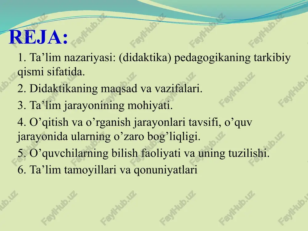 asdan va o’rganmasdan hech kim odam bo’la olmaydi. yan amos kamenskiy pedagogical relation in the didactic triangle content teacher pedagogical relation student didaktika (ta’lim nazariyasi)ning maqsadi o’qitish (o’qituvchi faoliyati) va bilim olish (o’quvchining o’rganish faoliyati)ning o’zaro bog’liqligi va aloqadorligi jihatlarini o’rganishdan iborat. didaktikaning vazifalari ta’lim jarayonlari va ularni amalga oshirish shartlarini ta’riflash va tushuntirish ta’lim jarayonini yanada mukammal tashkil etish, ta’lim tizimlari va texnologiyalarini ishlab chiqish ta’lim jarayoni uchun xos bo’lgan umumiy qonuniyatlarni aniqlash, omillarini tahlil qilish va ta’riflash didaktikaning asosiy kategoriyalari va didaktik tushunchalar tizimi. falsafiy tushunchalar umumiy-ilmiy tushunchalar pedagogikaga xos didaktik tushunchalar didaktik tushunchalar falsafiy tushunchalar umumiy-ilmiy tushunchalar pedagogikaga xos didaktik tushunchalar umumiy tizim ta’lim alohida tuzilma ta’lim jarayoni mohiyat vazifa bilim olish hodisa element dars qarama-qarshilik o’quv fani bog’liqlik ta’lim mazmuni 13 didaktikaning asosiy kategoriyalari bilim shaxsning ongida tushunchalar, sxemalar, ma’lum obrazlar ko’rinishida aks etuvchi borliq haqidagi tizimlashtirilgan ilmiy ma’lumotlar majmui ko’nikma olingan bilimlarga asoslanib qo’yilgan vazifalar …