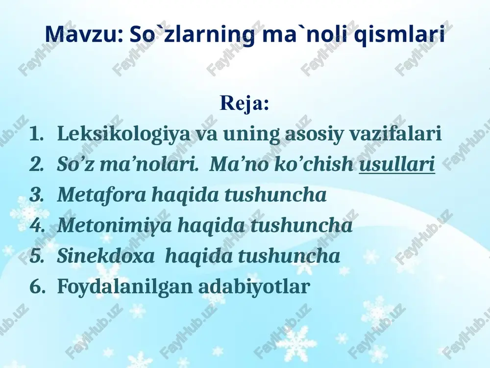 munosabatlarni yuzaga keltiradi.tilning eng muhim birliklaridan bo‘lgan so‘zlarga xos bu umumiyliklar leksikologiyaning asosiy tekshirish ob’yektidir. so’z ma’nolari. ma’no ko’chish usullari leksikologiya va leksika atamalari. 1.leksikologiya tilshunoslikning mustaqil bo’limi bo’lib, yunoncha lexikos—lug’at, so’z so’zga doir va logos—ta’limot so’zlarinig birikuvidan iborat bo’lib, leksika (so’z) haqidagi ta’limot demakdir. demak,soz va uning ma’nolarini o’rganuvchi tilshunoslikning bo’limga leksikologiya (ba’zan leksika) deyiladi 2.bu bo’limda tilning lug’at boyligi, so’z va uning lug’aviy ma’nolari , so’z va uning ko’chma ma’nolari ma’no ko’chish usullari so’zlarning qo’llanish doirasiga ko’ra turlari o’rganiladi. 3.leksika atamasi 2 ma’noda ishlatiladi. a)tilning lug’at tarkibi , so’zlar yig’indisi b) lug’at tarkibini o’rganuvchi tilshunoslikning alohida bo’limi; leksika atamasining ikkinchi ma’nosi uchun leksikologiya atamasi ham qo’llaniladi. so’z va uning ma’nolari 1.ma’lum ma’no bilan bog’langan va morfologik shakllangan tovush yoki tovushlar birikmasi so’z sanaladi. 2. so’z ikki xil ma’no bildiradi. bu ikki xil so’zni biz opa so’zi orqali ko’rib chiqaylik. - opa so’zi aka,uka singil so’zlai bilan qarindoshlik ma’nosi …