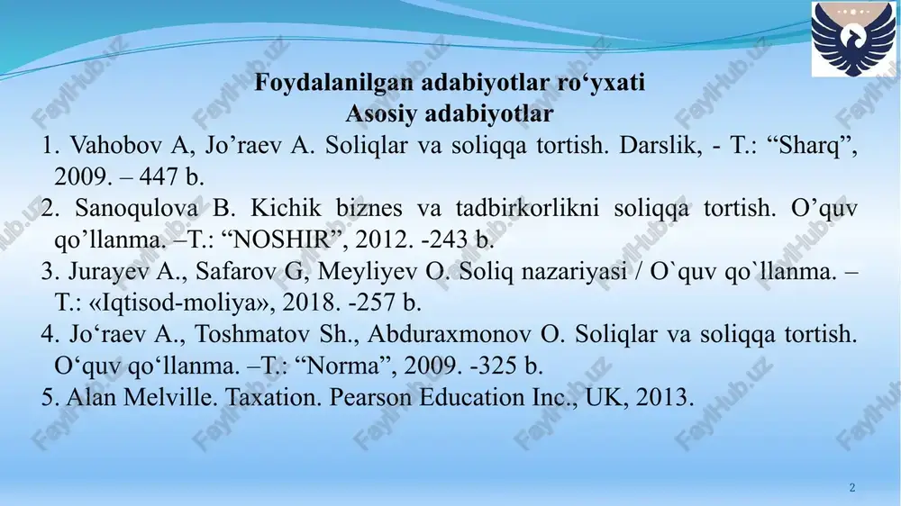 motlari milliy bazasi www.mf.uz – o‘zbekiston respublikasi moliya vazirligi sayti www.soliq.uz – o‘zbekiston respublikasi davlat soliq qo‘mitasi www.ziyonet.uz – ta’lim portali www.norma.uz – “norma” axborot-huquqiy portali ma’ruza mashg’uloti mavzusi: «soliqlar va soliqqa tortish» fanining predmeti, mazmuni va printsiplari mashg’ulot rejasi: “soliqlar va soliqqa tortish” fanining predmeti. soliqlarning iqtisodiy mohiyati va zarurligi. soliq printsiplari. 5 “fuqarolarimiz soliqdan qochish emas, uni vaqtida to‘lashdan manfaatdor bo‘lishi kerak” sh.mirziyeyov. «soliqlar va soliqqa tortish» fani soliqlarning iqtisodiy mohiyati, ahamiyati, funktsiyalari, soliqlarni hisoblash va byudjetga undirish mexanizmini o’rganishdagi asosiy fan hisoblanadi. «soliq» kategoriyasi — bu muhim iqtisodiy jarayon bo’lib, uning paydo bo’lishi va amal qilishi kishilik jamiyatining mavjudligi bilan chambarchas bog’liqdir. soliqlar har bir davlat faoliyatining moddiy jihatlarini ta’minlaydi. jahon iqtisodiyoti taraqqiyotida soliqlar iqtisodiyotni davlat tomonidan tartibga solishning muhim vositasi hisoblanadi. «soliqlar va soliqqa tortish» fanining predmeti – bu soliq to’lovchilarning soliqlar va ularga tenglashtirilgan to’lovlarning iqtisodiy mohiyati, davlat byudjeti daromadlarini shakllantirishdagi ahamiyati, soliq tizimi va …