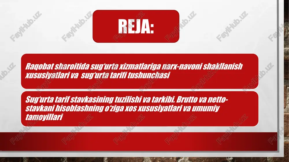 mavjud va ular quyidagi holatlarda namoyon bo‘ladi: baholanayotgan risk doimo ehtimollik xarakteriga ega bo‘lishi ayrim yillarda umumiy qonuniyatga zid turkum tasodifiy hodisalar yuz berishi, ularning ta’siri, o‘z navbatida, sug‘urta tashkilotidan talab etiladigan sug‘urta qoplamasi to‘lovi summasining sezilarli o‘zgarishini taqozo etishi sug‘urtachi tomonidan ko‘rsatilayotgan xizmat tannarxi sug‘urta munosabatlari yig‘indisidan keltirilib chiqarilishi sug‘urtachi ixtiyorida bo‘ladigan maxsus zaxirani ajratish, uning optimal hajmini aniqlash talab etilishi sug‘urta shartnomalari ko‘rsatkichlarini (inglizcha «storno») bashorat qilish hamda ular bo‘yicha ekspert bahosi talab etilishi qarz (ssuda) foizlari me’yorlarini va aniq vaqt oralig‘ida ularning o‘zgarish an’analarini tadqiq etish taqozo etilishi sug‘urta hodisasi bilan bog‘liq holda to‘liq yoki qisman zararlar yuzaga kelishi hamda ular kattaligining kenglik va vaqtda taqsimlanishiga maxsus jadvallar yordamida o‘zgartirishlar kiritish talabi namoyon bo‘lishi ekvivalentlik tamoyiliga amal qilish, ya’ni sug‘urta mukofotlari va sug‘urta tashkiloti tomonidan tarif davrida ko‘rsatilayotgan sug‘urta ta’minoti o‘rtasida o‘zaro tenglik o‘rnatilishi taqozo etilishi sug‘urta tarifining risk yuz berishi ehtimoliga nisbatan yuqori darajada ko‘rsatilishi bir …