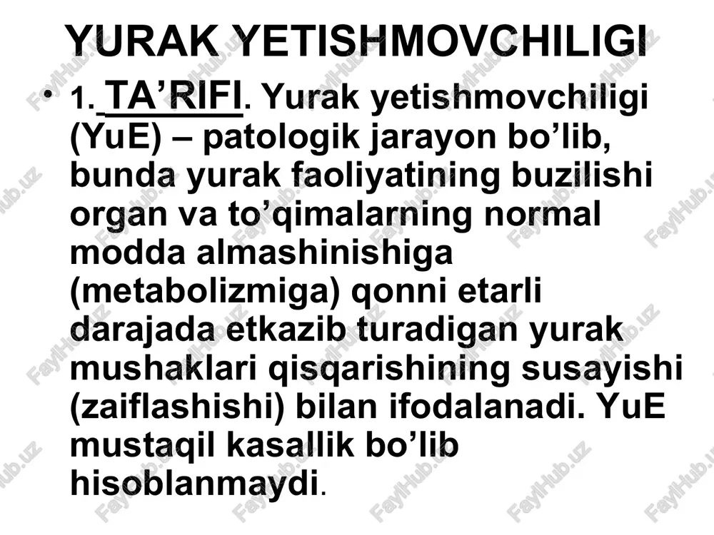 tiga ega emas. natijada dimlanish rivojlanadi. dimlanish oldin yurak bo’shliqlarida, keyin venalarda yuzaga keladi, vena bosimi ko’tariladi. a’zolar va to’qimalarda gipoksiya vujudga keladi. patogenezi (davomi) gipoksiya natijasida eritropoez va aylanib yuruvchi (sirkulyasiyalanuvchi) qon miqdori ko’payadi. miokard shikastlanishi natijasida yuzaga keladigan dimlanish va gipoksiya yuega olib keladi va rivojlantiradi. (2) “yurakning qon chiqarish yetishmovchiligi” nazariyasi asosida miokard shikastlanishi tufayli qon daqiqalik hajmining, ya’ni bir daqiqada yurak chiqargan qon miqdori kamayishi yotadi. 6. tasnifi. yue etiologiyasi, klinik kechishi va rivojlanishiga qarab farqlanadi. (a) etiologiyasi bo’yicha: (1) kichik va katta qon aylanish doirasida qon bosimining ko’tarilishi: mitral stenoz, aorta stenozi, uch tabaqali qopqoq yetishmovchiligi; (2) yurak bo’lmachalari va qorinchalarida qon hajmining ortishi – yurak nuqsonlarida: mitral qopqoq va yarim oysimon qopqoq yetishmovchiligi; (3) miokardning birlamchi zararlanishi: miokarditlar, kardiomiopatiyalar. (b) klinik kechishi bo’yicha: (1) o’tkir yurak yetishmovchiligi; (2) surunkali yurak yetishmovchiligi; (3) chap qorincha yetishmovchiligi; (4) o’ng qorincha yetishmovchiligi; (5) total yetishmovchilik. (v) rivojlanishiga …