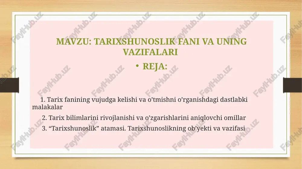 r tarixini, unda faoliyat koʻrsatgan ilmiy kadrlarning salohiyati, ularning fan rivojiga qoʻshgan hissalarini oʻrganish kabi vazifalarni ham bajaradi. tarixshunoslik tarix fanlari tizimida o‘ziga xos mustaqil o‘ringa ega. faning o‘z manbalari, tadqiqot usullari mavjuddir. tarixshunoslik fanini oliy ta’lim tizimida o‘qitishdan asosiy maqsad talabalarda qadimgi davrdan hozirgi kungacha yaratilgan tadqiqotlar, ularning haqqoniyligi, qimmati, fikrlar xilma-xilligi, tarixiy shaxslar va voqealarni baholash, tarixiy bilimlarni to‘plash, tarixchilarning monografiya, ilmiy tadqiqot va maqolalarini o‘rganishda tarixiylik tamoyillarga asoslanib xulosa chiqarishga o‘rgatishdir. fanning vazifasi esa adabiyotlarning qiyosiy tahlilini amalga oshirish, tarixiy voqealarni har tomonlama tahlil qilishdir. tarixshunoslikning ob’ekti tarixiy jarayonning o‘zi bo‘lmay, balki tarixiy tafakkur, uni o‘rganish, tarix haqidagi fan hisoblanadi. masalan, o‘zbekiston tarixida o‘rta osiyoning ilk o‘rta asrlar tarixi mavzusida o‘rta osiyo hududida ilk o‘rta asrlarda mavjud davlatlar, arablar istilosi, islom dinining yoyilishi, markazlashgan davlatlarning paydo bo‘lishi va hokazolarni o‘rganilsa, tarixshunoslik fanida esa bu davr tarixi o‘rta asrlarda, yangi davrda va bizning kunlarda qanday tadqiq etilganligini tahlil …