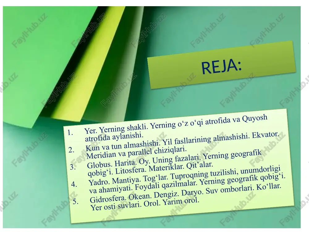 grafik obyektlarini to‘liq aks ettiradi. harita - yer yuzasining ikki o‘lchamli tasviri bo‘lib, geografik ma'lumotlarni ko‘rsatadi va ko‘pincha ma'lum miqyosda bo‘ladi. oy va uning fazalari oy yer atrofida aylanishi davomida quyosh nuri bilan turli fazalarda ko‘rinadi. bu fazalar yangi oy, o‘sayotgan oy, to‘liq oy va kamayib borayotgan oy kabi bo‘ladi. yerning geografik qobig‘i litosfera - yerning qattiq qobig‘i bo‘lib, u materiklar, qit'alar va tog‘larni o‘z ichiga oladi. gidrosfera - yerning suv qobig‘i, ocean, dengiz, daryo, ko‘l va yer osti suvlarini o‘z ichiga oladi. tog‘lar yer yuzasida hosil bo‘lgan yuqori va tik qismlar, ular qattiq toshlardan tashkil topgan va ko‘plab geologik jarayonlar natijasida yuzaga kelgan. tuproqning tuzilishi, unumdorligi va ahamiyati tuproq organik va anorganik materiallardan iborat bo‘lib, o‘simliklarning o‘sishi uchun zarur sharoit yaratadi. unumdorligi uning qishloq xo‘jaligi uchun qanchalik foydali ekanligini belgilaydi. foydali qazilmalar yer yuzasida mavjud bo‘lgan iqtisodiy qiymatga ega mineral va energetik resurslar, masalan, neft, gaz, ko‘mir, temir rudasi …