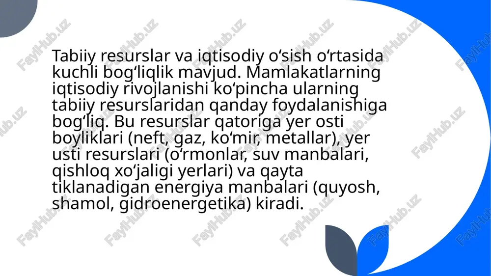 f tug‘diradi. 4. korruptsiya va iqtisodiy nomutanosiblik – resurslardan tushgan katta daromadlar ba’zan notransparent boshqaruv va korrupsiyaga olib keladi. masalan, nigeriyada neft qazib olishdan katta daromad bo‘lishiga qaramay, aholining katta qismi qashshoqlikda yashaydi. 6 tabiiy resurslardan samarali foydalanish strategiyalari tabiiy resurslarning iqtisodiy o‘sishga ijobiy ta’sirini oshirish va salbiy ta’sirini kamaytirish uchun quyidagi strategiyalar muhim hisoblanadi: a) diversifikatsiya (iqtisodiy sohalarni kengaytirish) neft va gaz daromadlariga haddan tashqari bog‘liq bo‘lib qolmaslik uchun davlatlar sanoat, qishloq xo‘jaligi va texnologiya sohalariga ham sarmoya kiritishi kerak. masalan, baa neftdan tushgan daromadlarni turizm va moliyaviy xizmatlar sohalariga yo‘naltirib, iqtisodiyotini diversifikatsiya qildi. 7 b) barqaror rivojlanish va ekologik muvozanat tabiiy resurslarni ekspluatatsiya qilishda ekologik me’yorlarga rioya qilish muhim. qayta tiklanadigan energiya manbalaridan foydalanish resurslarga bo‘lgan bosimni kamaytiradi. 8 c) resurslarni samarali boshqarish norvegiya modeli – neftdan tushgan daromadlarni norvegiya davlat pensiya jamg‘armasiga yo‘naltirish orqali mamlakat uzoq muddatli barqarorlikni ta’minlamoqda. soliqlar va davlat nazorati orqali resurslardan kelgan foyda …