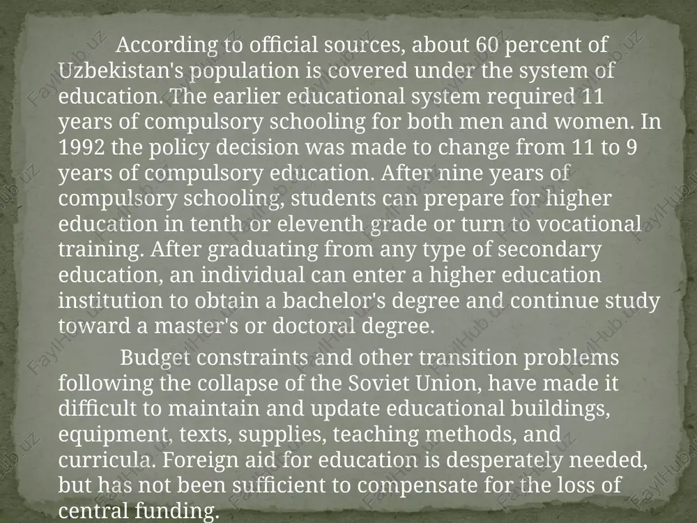 therefore, until 1991, uzbeks preferred schools with instruction in russian for their children. to not do so would have put them at a great disadvantage socially. after uzbekistan gained its independence, uzbek (not russian) became the official language of instruction. in 1998-1999, some 76.8 percent of pupils at day schools were educated in uzbek. examinations in the educational system of uzbekistan are primarily oral. universities, institutes, and some colleges still have entrance exams. course exams occur only at the end of the course (semester). state exams are taken at higher education institutions at the completion of all coursework. the grading system of uzbekistan is numerical. the highest grade is 5 (excellent = a), then follows 4 (good = b), 3 (satisfactory = c), and 2 (unsatisfactory = f). one is never used. final grades are determined by test scores, papers, attendance, and class participation. because compulsory education is freely provided …