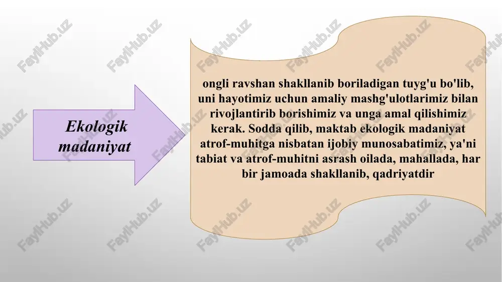 shga qaratilgan moddiy va ma’naviy qadriyatlar majmuasidir. tor ma’noda esa kishilarning amaliy va nazariy faoliyat maqsadini tabiatni muhofaza qilish bilan bog‘lash san’ati va madaniyati deb qarashi mumkin. tabiatga hurmat – ekologik madaniyat, tabiatni o‘zgartirilgan muhit sifatida emas, balki insoniyatning o‘ziga aloqador va uning qadr-qimmatligini anglash sifatida qabul qiladi. tabiatni saqlash va unga hurmat ko‘rsatishning muhimligini ko‘rsatadi. ekologik o‘zgarishlar bilan kelajakni aniqlash – ekologik madaniyat insoniyatni o‘zgaruvchan tabiatga munosib etishni, uning o‘zaro aloqasini va butun dunyodagi ekologik o‘zgarishlar bilan bog‘liqlikni anglashni talab qiladi. insoniyatning turli sohalarida ekologik xavfsizlik, iqtisodiyot, siyosat, ijtimoiy soha va boshqalar kabi jiddiy mavzularda hayotning ekologik tomonlarini o‘rganishni talab qiladi. energetika va ekologik tashqiyotlarning o‘zgarmasi - ekologik madaniyat, energiyani taqsimlash va tashqiyoatlarni kamaytirish, uni qayta ishlash, yaxshi ekologik ishlab chiqarishni va tozalashni qo‘llab-quvvatlashni talab qiladi. bu, energiyani rationallik va alternativ yechimlar, shuningdek, ekologik mezonlarning rivojlanishi, bioplastik va boshqa ekologik materiallarning ishlab chiqarilishi kabi yangi rivojlanishlarni o‘z ichiga oladi. …