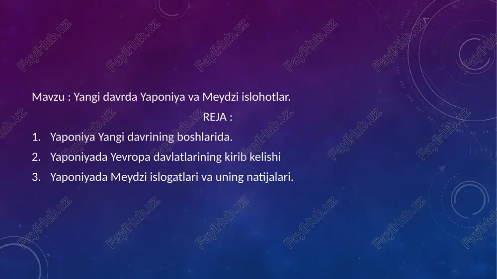 xristian bor edi. xvii asr boshlarida yaponiyada ingliz, ayniqsa golland savdogarlarining faoliyati ham kuchaydi. yaponiyada yevropaliklarning paydo bo’lishi bu yerda markazlashgan feodal davlat barpo etish uchun kurashning kuchaygan davriga to’g’ri keldi. xvi asr oxiri – xvii boshlarida yapon orollarida markazlashgan davlat tashkil topishi uchun zarur bo’lgan iqtisodiy va siyosiy shart-sharoitlar vujudga kelgan edi.o’tgan asrlar davomida asta-sekinlik bilan bo’lsada ishlab chiqaruvchi kuchlar rivojlanib, savdo o’sdi, shaharlar kengaydi. dehqonlarning uzluksiz davom etayotgan qo’zg’olonlari feodallarni o’z kuchlarini birlashtirishga undadi. yevropalik mustamlakachilar xavfining paydo bo’lishi ham markazlashgan davlat tuzishni tezlashtirgan sabablardan biri bo’ldi.feodal yaponiyasida imperator hokimyati o’ziga xos o’rin tutardi. yaponiyada sinfiy jamiyatga o’tish vaqtidayoq imperator hokimyati tashkil topgan edi, yapon imperatorlari sulolasi mikado yoki tenno unvoniga ega bo’lib, o’zining rasmiy maqomini keyingi asrlarda ham saqlab qolgan edi. yaponiya dini sintoizm (sinto- “xudolar yo’li”) mikadoning kelib chiqishini quyosh ma’budasi amaterasuning avlodlari bilan bog’lab ko’rsatardi. lekin imperator hokimyati faqat nomigagina bo’lib, u amalda haqiqiy hokimyatga …