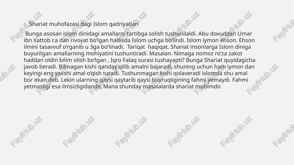 igidandir. mana shunday masalalarda shariat muhimdir. tasavvuf talimotida islom qadriyatlarining yoritilishi bu ham yuqoridagi hadisda boģlanib turadi. ehson ilmini tasavvuf ilmi o’rgatadi. tasavvuf da shariat islomga qanday amal qilishni, tariqatining esa bu amalni qilayotganda inson hus tuyulardi o‘zini tuta bilishni o’rgatadi. haqiqat esa hadislari amal qilishni o’rgatadi. ehson ilmi shunday ilmi,, ollohi ko‘rib turgandek ibodat qilish tushunildi. bu ehson ilmi musulmonlarni ollohga ibodat qilishda eng yuksak darajaga olib olib chiqadi. endi biz xudoni ko’rmasam ham , xudo bizni ko‘rib turibdi . shu narsaga e’tibor berish kerakki olloh bizni ko’radi qo’llaydi yashatadi yaqin bo‘ladi.olloh bizga risq beradi. bu haqida qur‘onda shunday deyiladi ,, biz silardan risq so‘ramasmiz biz sizlarga risq bergivchimiz “ deyiladi to’la surasi 132 chi oyatdab image1.jpeg image2.jpeg image3.jpeg 1. yassaviy tariqati — xalqona tasavvuf va axlogiy tarbiya ahmad yassaviy (xii asr) yassaviy tariqatiga asos solgan. uning “devoni hikmat” asari orqali tasavvufiy g‘oyalarni xalq tilida ifoda etib, islom qadriyatlarini …