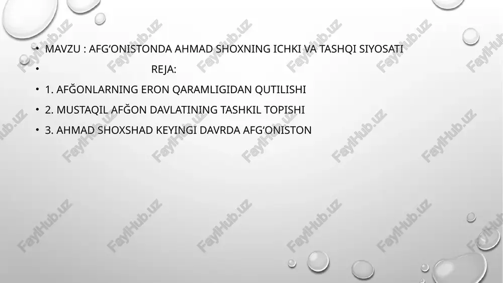 nodirshoh o’ldirilgach uning davlati parchalanib keta boshladi. afg’on qabilalari xonlarining kengashida (jirg’a) abdoliy qabilasining boshlig’i, nodirshoh qo’shinidagi afg’on jangchilarining rahbari ahmadshoh afg’oniston shohi deb e’lon qilindi. tez orada afg’onistondagi barcha qabilalar ahmadshohni o’z hukmdori deb tan oldilar, abdoliy qabilasining nomi “durroniy” deb o’zgartirildi va bu qabila a’zolari yangi davlatda imtiyozli mavqega ega bo’ldi. shu vaqtdan boshlab bu davlat durroniylar davlati degan nom bilan atala boshlandi. qandahor bu davlatning poytaxtiga aylandi, 1774 yildan boshlab esa qobul uning poytaxti bo’lib qoldi. durroniylar davlati ahmadshoh hukmronligi davrida (1747-1773) kashmir, sind, belujiston, xuroson, balx va boshqa hududlarni o’ziga qo’shib olib, o’z hududlarini ancha kengaytirdi. bu davrda afg’onistonda feodal munosabatlarning mustahkamlanish va yerga feodal mulkchilikning o’rnatilish jarayoni ro’y berdi. bu davrda ahmadxon durroniyning hokimyati va obro’-e’tibori kuchli edi. u bir necha yillar davomida hindistonga nisbatan muvaffaqiyatli suratda bosqinchilik urushlarini olib bordi. lekin boshqa xalqlarni asoratga solish hisobiga tashkil topgan durroniylar davlati mustahkam bo’lib chiqmadi. ahmadshoh …