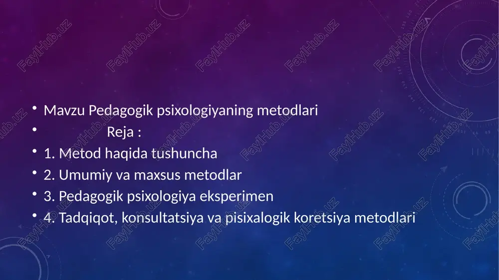 iologik, psixik va ijtimoy taraqqiyoti aniqlanadi). tashkiliy metodlar: taqqoslash, longityud va kompleks metodlari kiradi. taqqoslash–umumiy psixologiya, ijtimoiy psixologiya, pato- psixologiya va defektologiyada keng qo‘llaniladi. yosh va pedagogik psixologiyada o‘rganilayotgan psixik jarayonlarning dinamikasini aniqlash uchun qo‘llaniladi. longityud – (uzluksiz) uzoq vaqt davomida ayni bir xil kishilar o‘rganiladi. kompleks – psixologik tadqiqotlar boshqa fanlar metodlari ishtirokida o‘tkaziladi. (shaxsning jismoniy, fiziologik, psixik va ijtimoy taraqqiyoti aniqlanadi). empirik metodlar: kuzatish va o‘z-o‘zini kuzatish; eksperimental psixodiagnostika metodlari (test, anketa, suhbat, sotsiometriya, intervyu); faoliyat natijalarini tahlil qilish; biografiya metodlari ma’lumotlarni qayta ishlash metodlari: miqdoriy (statistika) va psixologik yoki sifatiy tahlil turlariga bo‘linadi. sharhlash metodlari: genetik va “donalash” metodlari. genetik metodda taraqqiyotdagi bosqich, pog‘onalar, inqiroz holatlari ajratib ko‘rsatiladi (vertikal aloqa). donalash metodida esa shaxsning barcha xarakteristikalari o‘rtasidagi “gorizontal” aloqalar aniqlanadi. yosh va pedagogik psixologiyada tadqiqot o‘tqazishning quyidagi 4- bosqichi ajratib ko‘rsatiladi: 1.tayyorgarlik bosqichi. 2.tadqiqot (eksperiment) bosqichi. 3.ma’lumotlarni qayta ishlash bosqichi. 4.ma’lumotlarni tushuntirib berish bosqichi. birinchi bosqich – …