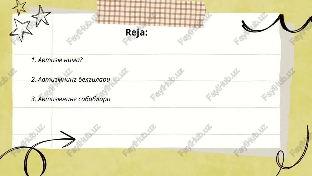 m rol o'ynaydi, chunki u bilan og'rigan bolalarning ota-onalarida ham yoki oilaviy tarixda ham avtozm yoki o'xshash kasalliklar kuzatilishi mumkin. epidemiologik tadqiqotlarga ko'ra, avtozm tarqalishi taxminan har 54 boladan 1 tasida uchraydi. atrof-muhit omillari ham o'z ta'sirini ko'rsatishi mumkin, lekin ularning qanday ta'sir qilishi to'liq tushuntirilmagan. tadqiqotlar neyroinflamattsiya va moda emirgichlarning ham ta'siri bo'lishi mumkinligini ko'rsatmoqda. ammo vaksinalar avtozm sababchisi emas degan ilmiy xulosa qilingan. umuman, avtozmning sabablari turlicha bo'lishi mumkin va ularni aniqlashda ilmiy izlanishlar davom etmoqda. ... t.me/slaydai_bot 4. avtizmni aniqlash avtizm bu neyro-rushid vijdon holatidir, u oilaviy va katta jamiyatdagi jismoniy va manaviy hayajonlanganlikni ayniqsa bog'liqlilik tendentsiyalarini qamrab oladi. yangi tadqiqotlar natijalariga ko'ra, avtozmni aniqlash uchun ko'p hollarda yosh bolalarda uchraydigan belgilarga e'tibor qaratish lozim. avtizmning aniq tashhisini qo'yish uchun chuqur psixologik testlar va kuzatishlar o'tkaziladi. ayniqsa, 3 yoshgacha bo'lgan yosh bolalarda til va ijtimoiy aloqalarda muammolar kuzatilgan bo'lsa, avtozmni tekshirishga katta ahamiyat berish kerak. dunyo bo'yicha …