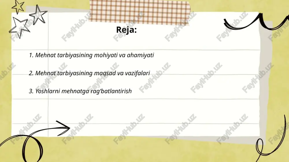 lar o‘rtasida ishsizlik darajasi 14% ni tashkil etdi. davlat tomonidan yoshlar bandligini oshirish maqsadida bir qator dasturlar amalga oshirildi. jumladan, "yangi o‘zbekiston" strategiyasi doirasida 2023-yilda 500 mingdan ortiq yangi ish o‘rinlari yaratish rejalashtirilgan. yosh tadbirkorlarni qo‘llab-quvvatlash uchun 2022-yilda 1 trillion so‘mdan ortiq kredit mablag‘lari ajratildi. mehnat bozorida talablarga mos kasbiy mahoratni oshirish maqsadida ko'plab o'quv markazlari ochilmoqda. shu orqali yoshlarning ish bilan ta’minlanish imkoniyatlari sezilarli darajada oshishi kutilmoqda. ... t.me/slaydai_bot mehnat tarbiyasining pedagogik usullari o'quvchilarda kasb-hunarga qiziqish uyg'otish, mehnatsevarlikni rivojlantirish va amaliy ko'nikmalarni shakllantirishga qaratilgan. ushbu usullar orasida amaliy mashg'ulotlar, ekskursiyalar, ko'rgazmali ta'lim, rolli o'yinlar, loyiha ishlari va guruhiy faoliyat muhim o'rin tutadi. moliyaviy savodxonlik treninglari orqali o'quvchilar iqtisodiy bilimlarni egallashadi. statistikaga ko'ra, mehnat tarbiyasi muassasalari faoliyatida qatnashgan o'quvchilar 60% ga tezroq kasbiy o'sishga erishadilar. shuningdek, bunday usullar bolalar va o'smirlarning shaxsiy mas'uliyatini oshirib, jamoaviy ishlash qobiliyatlarini rivojlantiradi. pedagoglarning samarali ishlashi o'quvchilar orasida ijtimoiy mehnat faoliyatiga tayyorlik darajasini 30-40% yuqorilaydi. …