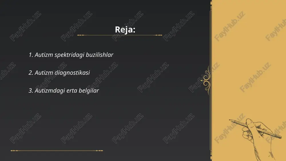 aning ko'z bilan muloqot qilmasligi yoki ota-onaning ovoziga javob bermasligi. bir yoshda ishoralar qilish yoki kulish kabi ijtimoiy belgilar yetishmasligi kuzatilishi mumkin. 18 oylikda yoshiga mos gapirishda kechikish yoki umuman so'zlamaslik mumkin. ikki yoshda o'yinchoqlar bilan o'ynashda noodatiy usulda foydalanish, taqlid qilmaslik va boshqa bolalar bilan qiziqmaslik hollari paydo bo'lishi mumkin. ushbu belgilar davom etgan hollarda, mutaxassisga murojaat qilish tavsiya etiladi, chunki dastlabki tashxis va aralashuv avlodchilar uchun yordam beradi. aqshda har 44-bolada autizm spektri buzilishi aniqlangan bo'lib, bu kasallikning erta aniqlash zarurligini ko'rsatadi. ... t.me/slaydai_bot autizm spektrining buzilishi (asb) genetik omillar bilan chambarchas bog'liq. tadqiqotlar shuni ko'rsatadiki, autizmning rivojlanishida genetik omillar katta rol o'ynaydi. masalan, egizaklar ustida olib borilgan izlanishlar mono zigotali (bir tuxumdan) egizaklarda autizm birgalikda uchrashish ehtimoli 60-90% atrofida ekanligini ko'rsatadi, bu dizigotik (ikki tuxumdan) egizaklarga qaraganda ancha yuqori. bundan tashqari, autizmga bog'liq bo'lgan kamida 100 dan ortiq genetik mutatsiyalar aniqlangan, ular orasida 1q21.1 mikrodelesiya, 15q11-q13 duplikatsiya …