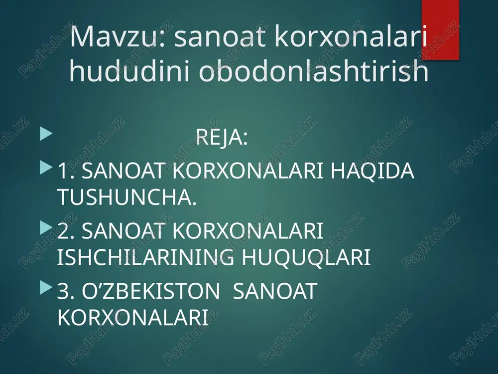 viloyatida – 9 490 ta samarqand viloyatida – 8 458 ta namangan viloyatida – 7 477 ta qashqadaryo viloyatida – 5 228 ta buxoro viloyatida – 4 902 ta surxondaryo viloyada 4 703 ta xorazm viloyatida – 4 499 ta jizzax viloyatida – 3 888 ta navoiy viloyatida – 3 778 ta qoraqalpog‘iston r. – 3 383 ta sirdaryo viloyatida – 2 236 ta sanoat, deb xom ashyo, material, yoqilgʻi, energiya va boshqa mahsulotlar ishlab chiqaruvchi yoki aholiga xizmat koʻrsatuvchi korxonalar (zavod, fabrika, kon, shaxta, elektr stansiya, ferma va hk) majmuasiga aytiladi. sanoat xalq xoʻjaligining muhim sohasidir. sanoat, industriya — xalqxoʻjaligining jamiyat ishlab chiqaruvchi kuchlari taraqqiyoti darajasiga hal qiluvchi taʼsir koʻrsatadigan yetakchi tarmogʻi; sanoatning oʻzi uchun hamda xalq xoʻjaligining boshqa sohalari uchun mehnat qurollari va boshqa mahsulotlar ishlab chiqarish, shuningdek, xom ashyo, yoqilgʻi qazib olish, energiya ishlab chiqarish, yogʻoch tayyorlash, sanoatda yoki qishloq xoʻjaligida olingan mahsulotlarga ishlov berish va ularni …