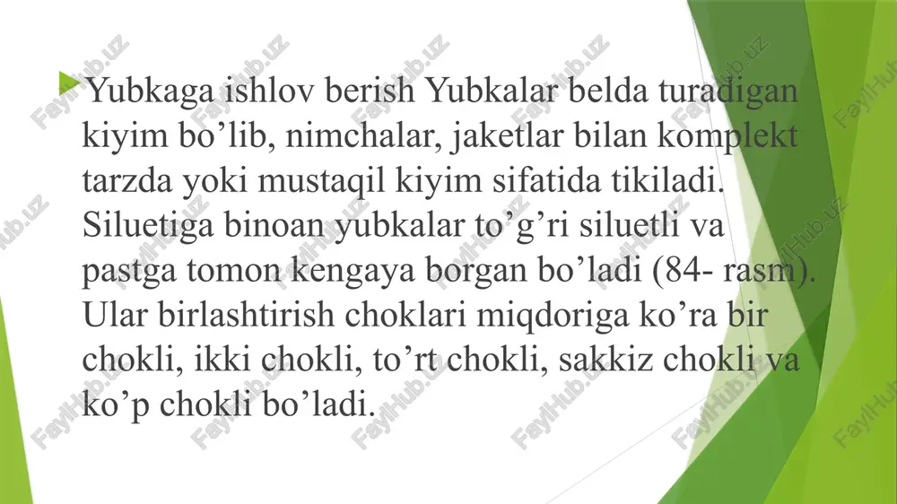 qirqimlari yo’rmalanadi «molniya» tasmaning bir tomoni yubkaning old bo’lak taqilma haqiga bostirib tikiladi, ikkinchi tomoni esa ort bo’lak bilan ehtiyot ko’rinma orasiga qo’yib biriktirib tikiladi. tasmaning ichki cheti taqilma cheti bo’ylab bezak baxyaqator yuritayotganda qo’shib tikiladi. taqilma pastki uchi old bo’lak teskarisidan ikkita ko’ndalang baxyaqator yuritib puxtalanadi (85-rasm, a). taqilma ko’rinma qo’ymay tikiladigan bo’lsa (85-rasm, b), yubka choklari biriktirib tikilgandan va yorib dazmollangandan keyin, tasmaning o’ngi yubkaning teskarisiga qaratilib, 148 dazmollangan taqilma chetlari ustiga qo’yiladi. tasma chok qirqimlaridan 0,5 sm narida tikiladi. tasmaning pastki chetlari yubka tomonga qiyalama buklab qo’yiladi. «molniya» taqilma maxsus moslamasi bor ikki ignali mashinada ulab tikilishi mumkin. bunday usulda tikish mehnat unumini oshiradi va ishlov berish sifatini yaxshilaydi, chunki baxyaqatorlar bir xil oralig’da parallel yuritiladi. yubka old bo’lagi tagiga «molniya» taqilmani bir tomonga yaqin qilib ishlov berishda (86-rasm) ort bo’lakning bukib dazmollangan joyi tagiga «molniya» taqilmaning o’ng qismi ochilgan holda, taqilma tikish haqining bukish joyi «molniya» …