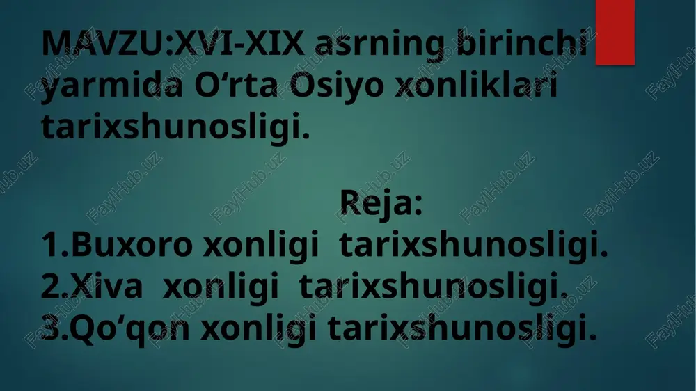 i ishlariga aralashuvi kuchaydi. mamlakatdagi beqarorlik ubaydullaxon soniy (1702-1711) hukmronligi yillarida juda kuchaydi. ulus hukmdorlari, balxdagi mahmudbiy qatag`on markaziy hukumatga bo`ysunmay qo`ydilar. samarqand va hisor viloyatlarida yuz qabilasi, shahrisabz va qarshida kenagas va mang`it qabilalari xonga qarshi isyon ko`tardilar. ubaydullaxon soniy o`rniga xon ko`tarilgan abulfayz (1711-1747) nomigagina xon bo`lib, hokimiyat bir guruh yirik boylar qo`liga o`tib qoldi. eron podshohi nodirshoh (1736-1747) movarounnahrdagi parokandalik va beqarorlikdan foydalanib, 1740 yilning kuzida buxoro xonligini o`ziga bo`ysundirdi. shundan keyin hokimiyat, asosan nodirshoh tarafdori, mang`it qabilasidan chiqqan nufuzli, katta yer egasi muhammad rahimbiy qo`liga o`tdi. abulfayzxon o`ldirilganidan keyin taxtga o`tkazilgan abulmo`min (1747-1751) va ubaydullaxon soniy boʻlib taxtni nomigagina boshqargan amalda hukumat muhammad rahimbiy qoʻlida boʻlgan. xorazmda hukm surgan shayboniylar sulolasi (1512-1688)ning ko`zga ko`ringan vakili, xiva xoni, tarixchi olim, tabib abulg`ozi bahodirxondir(1644-1663).abulg`ozixon murakkab siyosiy-ijtimoiy rivojlanish jarayonida, qaltis vaziyatda, shiddatli kurashlar oqibatida xiva taxtiga o`tirdi. u davlat boshlig`i sifatida feodal siyosiy tarqoqlikni tugatish, markazlashgan davlat hokimiyatini tuzish …