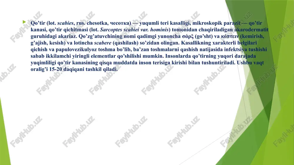 irni ro’zg’or buyumlari (uy-ro’zg’or buyumlari, to’shak va boshqalar) orqali yuqishi to’g’risida eskirib qolgan ma’lumotlarni qayta yozishda davom etsa-da, mutaxassislar bunday yuqish yo’li juda kam ehtimolli deb hisoblashadi. istisnolik hollari bemorning tanasida bir necha million kanalar yashaydigan norvegcha qo’tir (rus. norvejskaya chesotka) hisoblanadi (odatda kanalar soni 10-20 tani tashkil qiladi). qo’tirning uzatilishida bevosita teri bilan kontakt qilish ustunligini isbotlovchi asosiy tajriba 1940-yilda mellanby rahbarligida buyuk britaniyada amalga oshirilgan. o’z ixtiyorlari bilan sezilari qo’tiri bo’lgan bemorlar hozirda turgan to’shakka yotib, kasallanish yo’llarini o’rganishda qatnashgan 272 kishidan faqatgina 4 tasi kasallanganligi qayd etildi. parazit yuqishining bunday xususiyatlari uning biologiyasi haqidagi quyidagi ma’lumotlar bilan izohlanadi: qo’tir kanasi kunduzi faol bo’lmaydi; urg’ochilar faqat kechki vaqt va tunda yuzaga chiqadi; kanaga xo’jayin terisiga kirib borishi uchun taxminan 30 daqiqa kerak; tashqi muhitda kana tezda vafot etadi (21 °c va 40-80% namlikda parazit 24-36 soat ichida halok bo’ladi), qanchalik issiq va quruqroq bo’lsa, shuncha tezroq; kana faolligi …