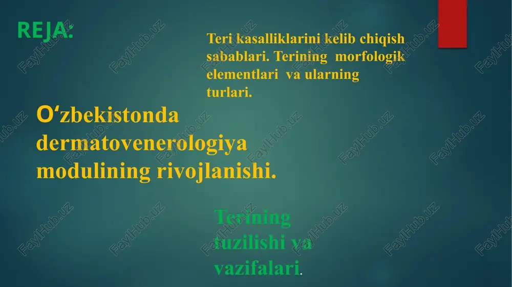 fakcha va boshqalar) morfologiyasiga asoslangan. olimlardan t.p. pavlov (1860-1932), s.t pavlov (1897— 1971), p.v.kojevnikov (1898-1969), n.s.vedrov (1891-1949), l.n. rossiyada teri tanosil kasalliklariga asos solgan olimlardan a.g.polotebnev (1838-1907), a.l. pospelov (1846-1919) o‘z ilmiy izlanishlarida teridagi patologik o‘zgarishlar ichki a’zo, asab tizimi xastaliklari, atrof-muhitning salbiy ta’siri oqibatida kelib chiqishini tushintirishgan. a.g.polotebnev tomonidan yaratilgan «derma- tologik tadqiqotlar» kitobi hozir ham o‘z ahamiyatini yo‘qotgan emas. a.g.polotebnev rus dermatologiyasining otasi sanalsa, v.m. tarnovskiy (1837-1906) rus venerologiyasining asoschisi hisoblanadi. olimning 1863-yilda «ayol va bolalarda venerik kasalliklarni aniqlash» kitobi chop etildi. u zaxm bilan og‘rigan bolalar va ayollarni davolash uchun kalinkin kasalxonasida maxsus bo‘lim ochdi hamda peterburgda sifilidologiya va dermatologiya jamiyatini tuzdi.mashkilleyson (1898-1964), a.i.kartamishev (1897-1973), n.s.smelov (1898-1975), v.k. skripkin va boshqalar derma­tologiya fanining rivojlanishiga katta hissa qo‘shdilar. odam terisi uch qavatdan - epidermis, o‘rta qavat - asl teri qavati va teri osti yog‘ qavati (kletchatka)dan tarkib topgan. epidermisning o‘zi bazal qavat, tikansimon, donador, yaltiroq, muguz qavatdan iborat. …