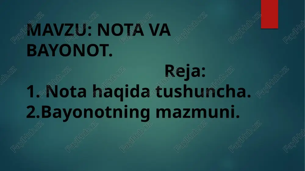 rdagi o‘zgarishlar yuzasidan xabar berish, viza berishyoki uning muddatini cho‘zish, biror mamlakatga tashrif yoki yirik anjumanda ishtirok etish uchun taklif yoki ruxsat olish kabi masalalar yoritilishi mumkin bayonnoma — biror masala yuzasidan rasmiy yozma bayonot, bildirish, tushuntirish. oʻzr mjkga (281,286,289,290-moldalar) asosan maʼmuriy protsessual hujjat hisoblanadi. maʼmuriy huquqbuzarlik sodir etilganligi toʻgʻrisidagi bayonnoma vakolatli mansabdor shaxs tomonidan tuziladi. huquqbuzarlik tufayli moddiy zarar etkazilgan boʻlsa, bu ham bayonnomada koʻrsatiladi. bayonnoma uni tuzgan shaxs va maʼmuriy huquqbuzarlik sodir etgan tomonidan imzolanadi. bayonnoma yuritish uchun masʼuliyat surishtiruv va dastlabki tergov bosqichida surishtiruvchi va tergovchi zimmasiga, sud majlisi davomida esa sudya va sud majlisi kotibiga yuklatildi[1]. e’tiboringiz uchun rahmat!!! image6.jpeg image7.jpeg image8.jpeg image9.jpeg image10.jpeg image1.png image2.png image3.png image4.png majlis bayonnomasi va uning turlari majlis bayonnomasi bayonnoma - turli yig*ilish,kengash boshga turli anjumanlarning,ma mavzusini,qatnashchilarning cl wa ular gabul qilgan qarorlarni aniq qayd giluvchi rasmiy hujjat. majlis bayonnomasi kirish va asosiy qismlardan iborat bo‘lib, kirish qismi_kun_tartibi_ bilan tugaydi. …