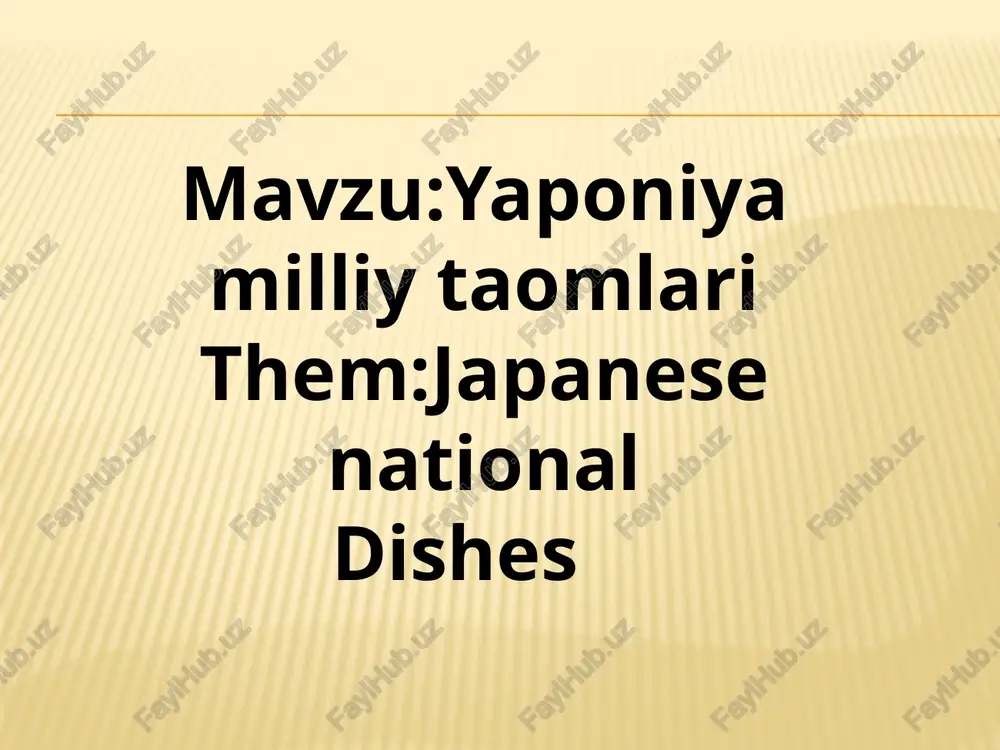 pan. ramen is very tasty and healthy because of the flavor additions that use different herbs or roots during cooking. sushi yaponiyaning asosiy milliy taomlaridan biri hisoblanadi, uning biznes kartasi. butun dunyoda an'anaviy yapon taomlari asosan quruqlik yoki "sushi" bilan bog'liq, chunki ular uyda chaqiriladi. ovqat turli xil plomba bilan kichik bir to'p yoki guruch rulosidir: baliq, sabzavot, tuxum, yosun), soya sousi odatda xushbo'y yordamchi sifatida ishlatiladi. sushi is one of the main national dishes of japan, its business card. all over the world, traditional japanese food is mostly about sushi, or "sushi" as they are called at home. the meal is a small ball or rice roll with various fillings: fish, vegetables, eggs, seaweed), soy sauce is usually used as a flavoring assistant. thans you very much image3.jpeg image4.jpeg image5.jpeg image6.jpeg image7.jpeg image8.jpeg image9.jpeg
