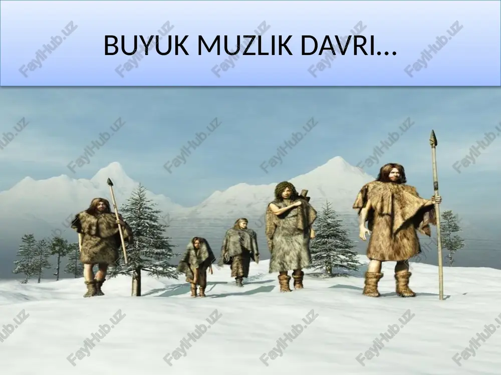dan 1850 gacha. bu vaqtda shimoliy yarim sharda ancha past harorat kuzatildi. so'nggi muzlik davri allaqachon kelgan edi sutemizuvchilar paydo bo'ldi. qattiq iqlim sharoitida omon qoladigan hayvonlar juda katta edi, ularning tanalari qalin mo'yna qatlami bilan qoplangan edi. olimlar bu jonzotlarni chaqirdilar "megafauna", u muz bilan qoplangan joylarda, masalan, zamonaviy tibet hududida past haroratlarda omon qolishga muvaffaq bo'lgan. kichik hayvonlar moslasha olmadi muzlashning yangi sharoitlariga va halokatga uchragan. muzlik davrida turmush tarzi image2.jpeg image3.jpeg image4.jpeg image5.jpeg image6.jpeg image7.jpeg image8.jpeg image9.jpeg image10.jpeg image1.jpeg /docprops/thumbnail.jpeg termiz davlat universitet]