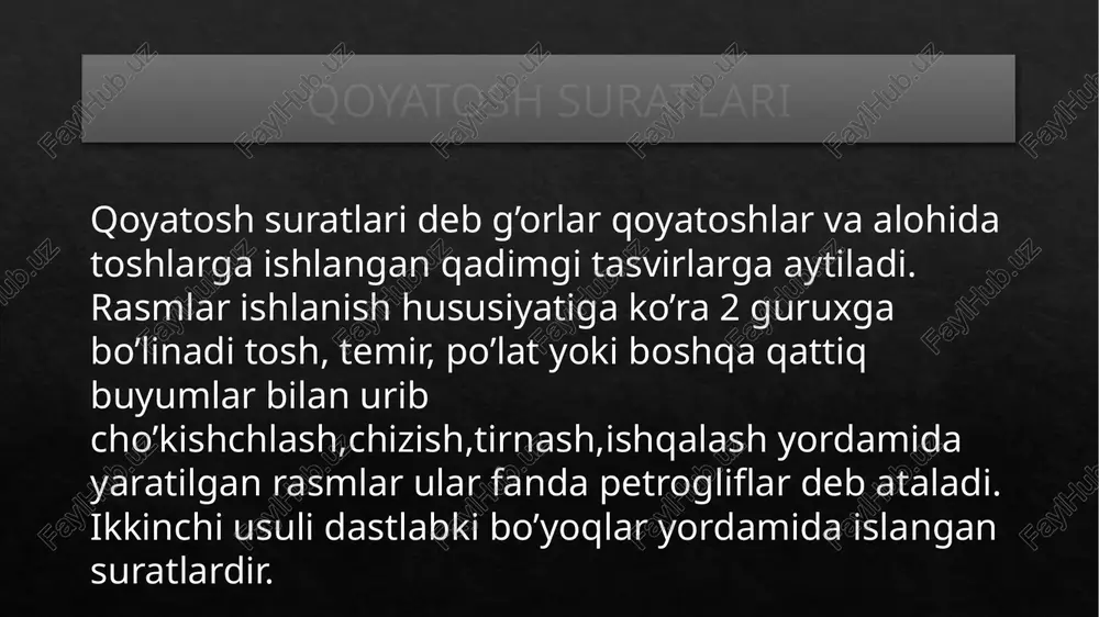 turi juda qadimdan paydo bo‘lgan. suratlar, asosan, ikki xil usulda – urib cho‘kichlash va tabiiy bo‘yoqlar yordamida ishlangan. keyinchalik rasmlar uchi o‘tkir tig‘li temir va po‘lat asboblar bilan toshlarni o‘yib ishlangan. bu usul fanda nuqtali usul deb ataladi. ikkinchi usulda ilk rangtasvir ustalarining mahorati ko‘zga tashlanadi. ular turli moddalar qorishmasidan bo‘yoq tayyorlashni bilganlar. suratlarga cho‘p, qamish, suyak va qushlarning pati vositasida jilo berilgan. o‘zbekistonda 100 dan ortiq ana shunday nodir san’at namunalari aniqlangan. xususan, navoiy viloyatidagi qoratog‘ tizmasidagi sarmishsoy darasidan topilgan sher, yo‘lbars, bars kabi yirtqich hayvonlarning to‘qnashuvi, ovchining kamdan-kam hollarda qo‘lga o‘rgatiladigan ov qoploni – gepard yordamida yovvoyi buqani ovlashi tasvirlangan. e’tiboringiz uchun katta raxmat! image6.jpg image7.jpg image8.jpeg image9.jpeg image10.jpeg image11.jpeg image12.jpeg /docprops/thumbnail.jpeg “termiz davat universitet talaast boboxonov sardorning arxealogiya va cetmografiyafanidan tayyorlaganijodiy ‘shi mavaus; o'ra osiyada goyatosh suratlan