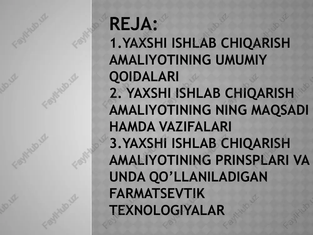 larini ishlab chiqarishda foydalaniladigan birlamchi o’rov materiallari quyidagi talablarga javob berishi kerak: dori vositalarini noqulay tashqi muhit ta’siridan himoya qilishi mexanik ta’sirlardan saqlashi kundalik foydalanish uchun qulay bo’lishi tashqi ko’rinishi didli bo’lishi kerak ishlab chiqarish jarayoni texnologik jarayon tayyor mahsulot ishlab chiqarishni ta’minlash maqsadida me’yoriy-texnik hujjatlarning barcha talablariga muvofiq va texnologik reglament asosida olib borilishi kerak. texnologik jarayon operatsiyalari malakali xodimlar tomonidan zarur jihozlar va asbob-uskunalardan foydalangan xolla, shu maqsadlar uchun ajratilgan maxsus xonalarda bajarilishi hamda nazorat qilinishi lozim. dori vositalarini ishlab chiqarishda quyidagi sterilizatsiya uslublari qo‘llaniladi: -qizdirish (bug‘li va havoli); -kimyoviy (gazli); -radiatsiyali; -filtr bilan sterilizatsiyalash. korxonada o‘rov va materiallarni qabul qilish hamda chinligini aniqlash, ish joylarini va jihozlarni tekshirish qoidalari, o‘ram va yorliqlash tartibini o‘zida aks ettirgan yo‘riqnomalar bo‘lishi zarur. tayyor mahsulot aniq yorliqqa ega bo‘lishi kerak. yorliqning mazmuni va yozuvlari, har bir muayyan dori vositasi uchun amaldagi me’yoriy-texnik hujjatlarda belgilangan talablarga mos bo‘lishi lozim yorliq va ikkilamchi …