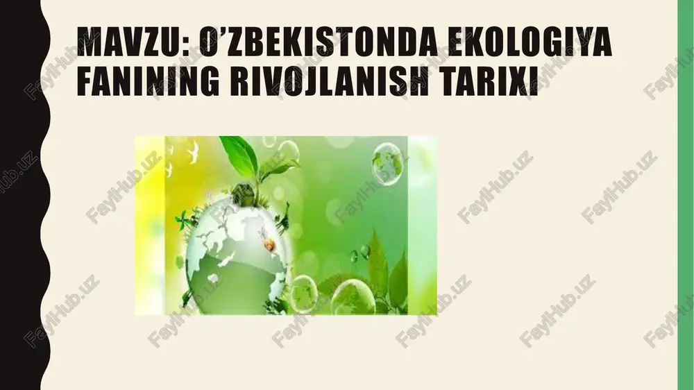 ni shakllantiradi. nazariy funktsiya insonning sub‘ektiv intilishlarini, tabiatning mavjud ob’ektiv ty awe tv) chuqur o’rganish, shu bilan birgalikda dunyoning ilmiy manzarasini tuzish uchun jonli va jonsizlar birlik qonunlari, ularning o’zaro harakatini o’rganadi. ekologiyaning a aliy faoliyati nazariy bilimlarga tayangan holda, biosferani antropogen omillar ta‘sirida tabiiy resurslardan ogilona foydalanish, tabiiy, agrar-sanoat va ijtimoiy tizimlarni ilmiy asosda boshgarish, kelajak avlod uchun sof tabiiy dunyoni saqlashni o’rgatishdan iborat. l.|.tsvetkova va boshqalar insoniyat jonsiz planetaga 0’z qabri ustida «har kim o’ziga yaxshi bo’lishini o’ylagan», degan yozuvni qoldirmasligi uchun o’zining butun aqli, kuchi va mablag’ini sarflashi lozim, deb yozganida naqadar haq edi. www.arxiv.uz /docprops/thumbnail.jpeg