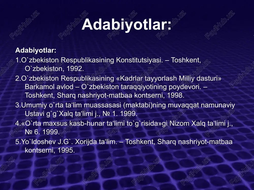 ari. o`zbekiston respublikasining «ta‘lim to`g`risida»gi qonunining 3-moddasida ta‘lim sohasidagi davlat siyosatining asosiy tamoyillari ko`rsatib o`tilgan. ular quyidagilardan iborat: -ta‘lim-tarbiyaning insonparvar va demokratik xarakterda bo`lishi, -ta‘lim tizimining uzluksizligi va izchilligi; -umumiy o`rta, shuningdek, o`rta maxsus kasb-hunar ta‘limining yo`nalishlarini tanlashning ixtiyorligi; -ta‘lim tizimining dunyoviy xarakterda ekanligi; davlat ta‘lim standarti doirasida ta‘lim olishning hamma uchun ochiqligi; -ta‘lim dasturini tanlashga yagona va tabaqalashtirilgan yondoshuv; - bilimli bo`lishni rag`batlantirish; -ta‘lim tizimida davlat va jamiyat boshqaruvini tuyg`unlashtirish o`zbekiston respublikasining «ta‘lim to`g`risida»gi qonunida alohida urg`u berilganidek, ta‘limni tashkil etishning asosiy maqsadi – jamiyatda intellektual va ilmiy potentsialni rivojlantirish, jamiyat, oila va davlat oldidagi burchi, javobgarligini anglaydigan barkamol va mustaqil fikrli shaxsni shakllantirishdan iborat ta’lim tizimini jamoatchilik sosida boshqarish o‘qituvchilar, o‘quvchilar, ota-onalar va jamoatchilik vakillaridan iborat pedagogik kengashning ta’lim muassasasi faoliyatini samarali tashkil etishga yo‘naltirilgan faoliyati o`zbekiston respublikasining «ta‘lim to`g`risida»gi qonunining 3-moddasida ta‘lim sohasida davlat siyosatining asosiy tamoyillaridan biri ta‘lim va tarbiyaning insonparvar va demokratik xarakterda bo`lishi ko`rsatilgan. …