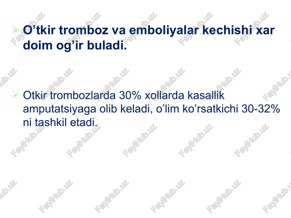 sovuq qotish paresteziya i b og’riq i i a parez i i b plegiya iii a subfassial shish iii b iii v porsial kontraktura total kontraktura sezgi buzilishi agar og’riq va taktil sezgi saqlangan bo’lsa, demak oyoqlar qon aylanishi xayotiylikni saqlash uchun yetarlidir. boldir subfassial shishi embol yuza joylashgan arteriyalar palpatsiyasida embolni sezish mumkin spazm yoki yuqoriga ko’tariluvchi trombozda emboldan yuqori qismda puls aniqlanmaydi embol puls yuk embol embol okklyuziyadan pasda pulsatsiya sezilishi mumkin. okkluziya pulsaciya arterial spazm bartaraf bo’lganda embol arteriyani distal qismiga migratsiya qilishi mumkin. embol diagnozni 100% aniq qo’yish mumkin: agar: -uat birdaniga 40 yoshli odamda bo’lsa - ateroskleroz bo’lmasa - revmatik nuqson bo’lsa - mersal aritmiyasi bo’lsa diagnoz - emboliya. zararlangan qo'l yoki oyoqdagi qon aylanishini tiklash uchun shoshilinch operatsiya-embolektomiya qilish zarur. operatsiya nekrotik o'zgarishlar rivojlanmasdan oldin, dastlabki 4-12 soat ichida o'tkazilsa maqsadga muvofiq bo'ladi. davolashni tomir xirurgiyasining maxsus bo'limida yoki umumiy profildagi xirurgiya bo'limida o'tkazish …