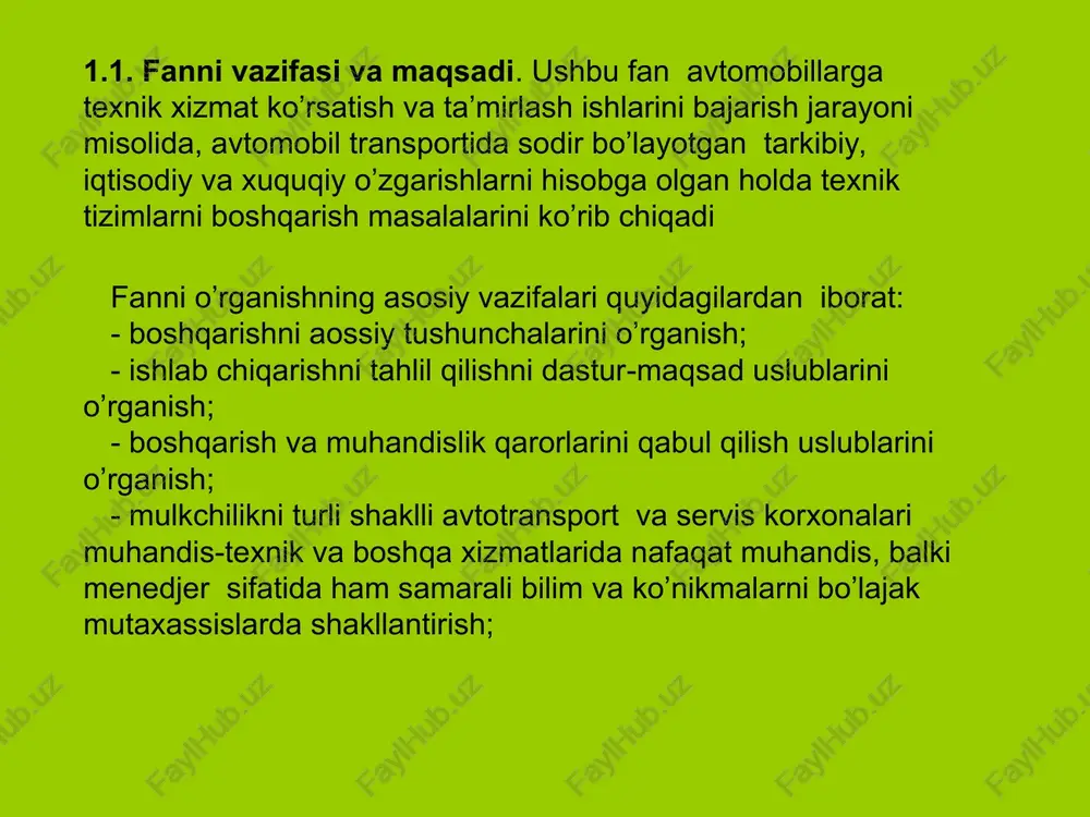ish bo’yicha bilim va ko’nikmalar olish. 1.2.texnik tizimlar va ularning xossalari, tasnifi. tizimni zamonaviy tushunchasi bu ma’lum yaxlitlikni tashkil etuvchi va o’zaro bog’liqlikda bo’lgan element va kichik tizimlar birligidir. murakkabligi har xil bo’lgan tizimlarga misol: qator korxona va tashkilotlardan tashkil topgan xolding kompaniyasi: qator ustaxona, xizmat bo’limlari ijrochilardan tashkil topgan avtotransport korxonasi (atk) yoki texnik xizmat ko’rsatish stansiyasi (txks); qator agregat va h.k. dan tashkil topgan avtomobil. (jadval 1.1) tizimlar va kichik tizimlar misoli: tizimlar kichik tizmlar (elementlar) 1. transport kompleksi avtomobil transporti yo’l xo’jaligi temir yo’l transporti daryo transporti va h.o. 2. avtomobil transporti kommersiya ekspluatatsiyasi texnikaviy ekspluatatsiya boshqarishni kichik tizimi 3. avtomobil agregatlar mexanizmlar tizimlar detallar 4. atk ustaxonalar sexlar avtosaflar xizmat bo’limlari 1.3. tizim elementlari: tizimlar bo’lishi mumkin: texnikaviy – avtomobil; odam-mashina – avtomobil-haydovchi; ishlab chiqarish iqtisodiy – atk, firma; ijtimoiy (xodim, aholini har xil guruhlari) va boshqalar. tizim elementi - bu ushbu tizim vazifasi chegarasida boshqa …
