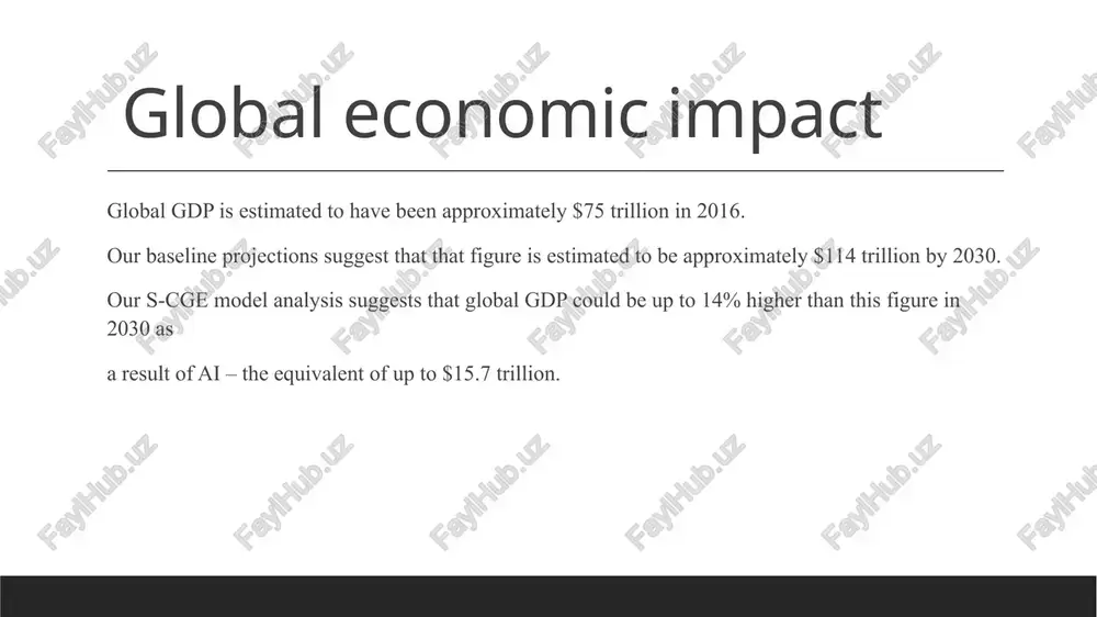 abor demand, leading to lower wages and reduced hiring. in the most extreme cases, some of these jobs may disappear. image1.jpeg image2.tmp image3.jpeg image4.jpeg image5.tmp image6.tmp image7.jpeg figure 1.2 — global gdp impact by effect of ai in main scenario = labour productivity personalisation =timesaved quality 15 $ trillions 10 0 2017 +2018 2019 2030 2020 2021 2022 2023 2024 2025 2026 2027 2028 2029 avs impact on joss most jobs are exposed to al in advanced economies, with smaller shares in emerging markets and low-income countries. employment shares by al exposure and complementarity m high exposure, high complementarity high exposure, low complementarity mlow exposure 100% 80% 60% 40% 20% ox | |_| | world advanced emerging low-income economies markets. countries source: international labour organization (ilo) and imf staff calculations note: share of employment within each country group is calculated as the working-age- population-weighted average. imf figure 2.1 — ai …