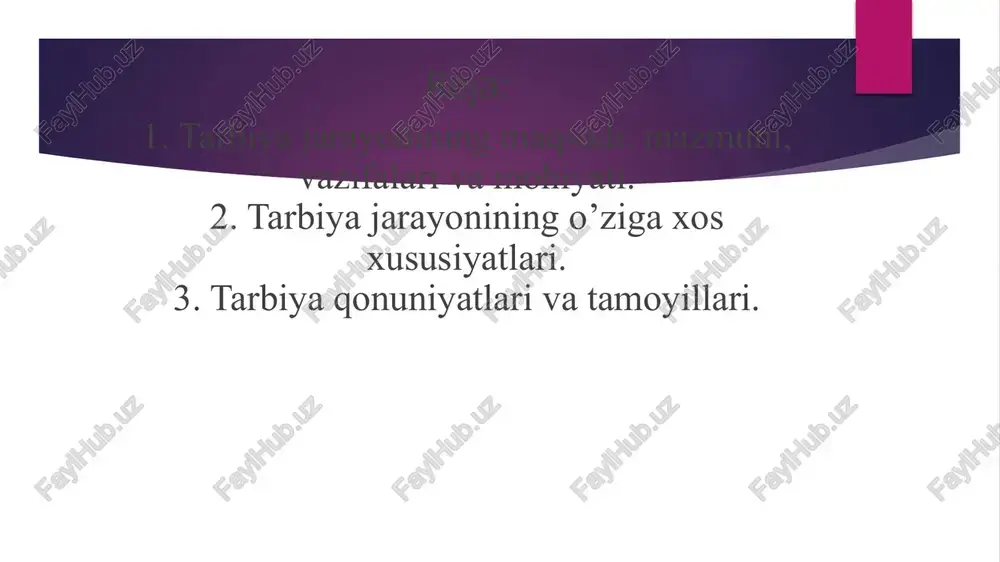 ifatlari qaror topishi ham tezlashadi. tarbiya har qanday jamiyat va har qanday mamlakat hayotida hal qiluvchi ahamiyat kasb etadi. yosh avlodning , umuman, jamiyat aʼzolarining tarbiyasi bilan yetarlicha shugʻullanmagan mamlakat turgʻunlik va inqirozga mahkumdir. negaki, oʻsishi va rivojlanishi uchun har qanday jamiyatda ham moddiy va maʼnaviy boyliklar ishlab chiqarish. toʻxtovsiz ravishda yuksalib borishi lozim. buning uchun yosh avlod moddiy va maʼnaviy boyliklar yetishtirishni ajdodlari darajasida, ulardan ham yaxshiroq ishlab chiqara bilishlari kerak. yosh avlodda ana shunday moddiy va maʼnaviy qobiliyatlarni shakllantira bilish uchun esa, jamiyat uzluksiz ravishda samarali faoliyat koʻrsatadigan tarbiyaviy intlar tizimiga ega boʻlishi lozim. tarbiyajamiyat taraqqiyotining turli davrlarida turlicha izoxdab kelingan. shoʻro zamonida hukmron kommunistik mafkura tarbiyaga sinfiy va partiyaviy hodisa sifatida yondashishni talab etgan. shuning uchun ham sinfiy jamiyatda tarbiyafaqat sinfiy xususiyatga ega boʻladi va turli sinflarning tarbiyasi bir-biriga qaramaqarshi turadi degan qarash qaror topgan. holbuki, dunyo ilmi, ayniqsa, sharq tarbiyashunosligi va oʻzbek xalq ped.si tajribasi tarbiyaning …