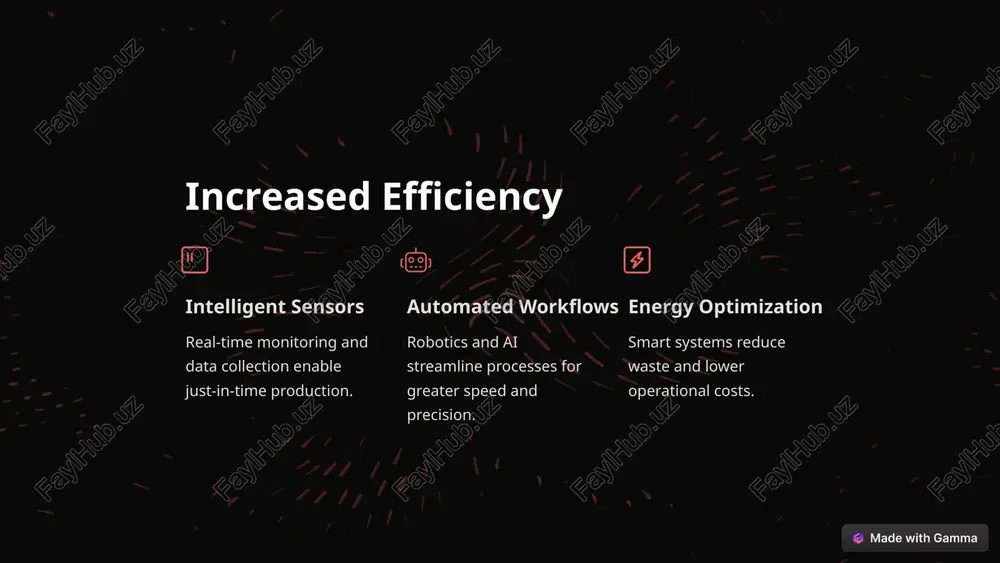 tory compliance connected systems ensure adherence to industry standards and government regulations. 7 the future of manufacturing increased productivity reduced costs enhanced quality improved sustainability flexible adaptation workforce augmentation smart factories are revolutionizing the manufacturing industry, ushering in a new era of efficiency, agility, and innovation. are you ready to embrace the future? 8 image-1-1.png image-1-2.jpeg image-1-3.png image-1-4.png image-2-1.png image-2-2.png image-2-3.png image-2-4.png image-2-5.png image-3-1.png image-3-2.png image-4-1.png image-4-2.jpeg image-4-3.png image-5-1.png image-5-2.jpeg image-5-3.png image-6-1.png image-6-2.jpeg image-6-3.png image-6-4.png image-6-5.png image-6-6.png image-7-1.png image-7-2.jpeg image-7-3.png image-8-1.png image-8-2.png 4 made with gamma 4 made with gamma 4 made with gamma 4 made with gamma 4 made with gamma es supply cha warehouse logistics 4 made with gamma 4 made with gamma 4 made with gamma