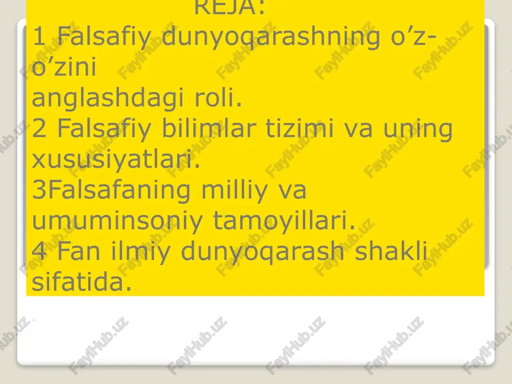 zikr etilgan umuminsoniy mavzu, masala va muammolarning barchasi avval-boshda xususiy, milliy, mintaqaviy ahamiyatga molik masalalar tarzida namoyon bo`ladi. falsafiy adabiyotlarda milliy falsafa mavzuida turlicha fikrlar mavjud. ayrim faylasuflar, aslida milliy falsafa bo`lishi mumkin emas, bunday yondashuvning o`zi etnik mahdudlikka olib keladi, deb hisoblaydi. boshqalari esa, modomiki, milliy falsafa milliy g`oya va mafkurani shakllantirishnig nazariy asosi ekan, har qanday umumiy qonuniyatlar muayyan ijtimoiy makon va tarixiy zamonda xususiy holda namoyon bo`ladi, deya milliy falsafani yo’qlab chiqadi. image2.jpeg image3.jpeg image4.jpeg image5.png image6.jpeg image7.jpeg image8.png image9.png image10.png image11.jpeg image12.png image13.jpeg image14.png image15.png image16.jpeg image17.jpeg image18.jpeg image19.jpeg dunyoqarashning tarixiy shakllari. mifologik dunyogarash diniy dunyogarash “timiy-falsatiy ‘dunyoqaras dunyoqarash hry myshared dunyogarash — dunyoga va insonning undagi o’rniga, kishilarning o’z atrofidagi vogelikka va o’z- o’ziga munosabatiga bo’lgan umumiy qarashlar tizimi, shuningdek, bu garashlarga asoslangan odamlarning e’tigodlari, ideallari, bilish va faoliyat tamoyillari. dunyogarash kishining yoshi, hayotiy tajribasi, bilimi, mafkurasi bilan bog’liq dunyogarashni shakllantirish falsafaning __ asosiy funksiyalari …