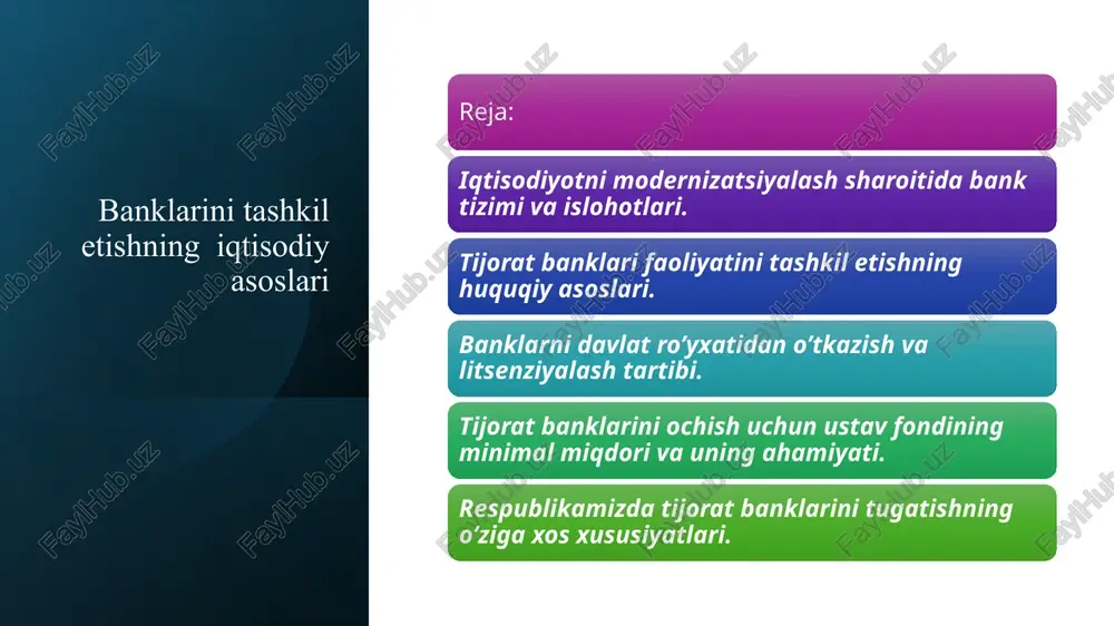 ta’minlash uchun 3 834,7 mlrd. so’m; ish haqi, pensiya va nafaqa bo’yicha to’lovlarning hamda paxta yig’im-terim mavsumida terimchilarga terilgan paxta hosili uchun hisob-kitoblarni o’z vaqtida amalga oshirilishini ta’minlash uchun 2 172,6 mlrd. so’m miqdoridagi naqd pullar bilan ta’minlanganligi ham o’z ta’sirini ko’rsatdi. bank tizimi - tashkiliy tuzilma sifatida yirik tizim bo’lib – mamlakatning iqtisodiy tizimiga kiradi. bu shuni bildiradiki, banklarning faoliyati va rivojlanishini moddiy va nomoddiy nematlarni ishlab chiqarish, muomala va itsemol qilish bilan bog’liq holda ko’rib chiqish zarurdir. o’zining amaliy faoliyatida banklar xujvalik hayotini tartibga solish mexanizmi bilan o’zviy ravishda bog’liq. bank tizimi- bu mamlakat hududida tarixan shakllangan va konkn bilan mustahkamlangan kredit tashkilotlarining faoliyat ko’rsatish shaklidir. xuddi pul va moliya tizimi kabi bank tizimi o’ziga hos milliy belgilariga egadir. shu belgilar shu hududning, geografik shartlari ob-xavo aholi milliy tuzilishi, ularni nima bilan mashgulligi, kushnilar bilan munosabati, savdo yo’llari va omillar asosida shakllanadi. tijorat banklari faoliyatini tashkil etishning huquqiy …
