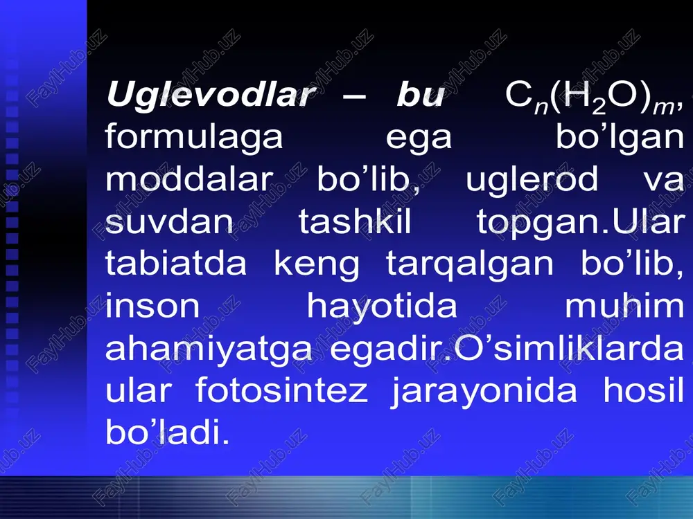 o’ngga buruvchi saxaroza gidrolizlanganda burish burchagini o’zgartiradi va chapga buruvchi fruktoza va o’ngga buruvchi glyukoza aralashmasi hosil bo’ladi. bu hodisaga inversiya deyiladi. hosil bo’lgan aralashmani esa – sun’iy asal yoki invert shakar deyiladi. inversiya katalizatori bo’lib fermentlar va kislotalar xizmat qiladi. saxaroza. saxaroza gidrolizlanganda bir molekula glyukoza va bir molekular fruktoza hosil bo’ladi: saxaroza + suv - glyukoza+ fruktoza saxaroza hosil bo’lishida α-d – glyukoza va β-d- fruktoza o’zlarining glikozid gidroksillari bilan qatnashadi. saxarozada erkin glikozid gidroksillari yo’q, shu sababli u eritmalarda oksoshakl hosil qilmaydi va aldegid – ketonlarga xos reaksiyalarni bermaydi. saxaroza qand lavlagisida quruq vazni hisobiga 28% gacha, shaqarqamishda 20% gacha bo’ladi xamda meva va o’simliklar shiralarida uchraydi. sellobioza. sellobioza tuzilishi jihatidan maltozaga uxshaydi. faqat glyukoza qoldiqlari orasidagi bog’ β – konfigurasiyaga ega. ya’ni sellobiozada β – d – glyukopiranoza qoldiqlari bo’ladi. sellobioza sellyulozaning gidrolizlanishidan hosil bo’ladi. hayvonlar organizmida bu jarayon qisman mikroorganizmlar ishlab chiqaradigan sellyuloza fermenti ta’sirida …