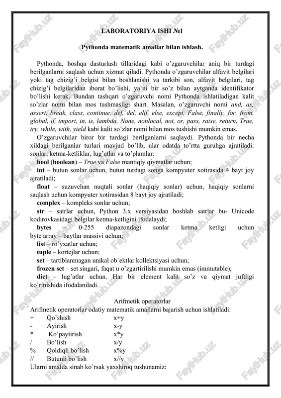 en set – set singari, faqat u o’zgartirilishi mumkin emas (immutable); dict – lug’atlar uchun. har bir element kalit so’z va qiymat juftligi ko’rinishida ifodalaniladi. arifmetik operatorlar arifmetik operatorlar odatiy matematik amallarni bajarish uchun ishlatiladi: + qo’shish x+y - ayirish x-y * ko’paytirish x*y / bo’lish x/y % qoldiqli bo’lish x%y // butunli bo’lish x//y ularni amalda sinab ko’rsak yaxshiroq tushunamiz: from math import sqrt, pow a = int(input("a=")) b = float(input("b=")) c = float(input("c=")) x=(-b+sqrt(pow(b,2)-4*a*c))/(2*a) print("x=", float(x)) from math import pi, pow r=int(input("r=")) l=2*pi*r s=pi*pow(r,2) # print("l=", l, "s=", s) print(f"l={l}\ns={s}") image1.png image2.png image3.jpeg image4.png 2-variant y = de vb* — 4ac ~ 2a a=5,5; b=1,2; c=0,75. vlefussio/ollyvl/ yulalr irr ujeulo/pychvulrrujeut’ a=2 b=4 c=1 x= -0.2928932188134524 begin7. doiraning radiusi r berilgan. uning uzunligi l va yuzasi s aniglansin. l=2-7-r s=7-r* am ie vl ve am sees ar et me ne pee ee mmm emaar ty seem eee emis mrt …