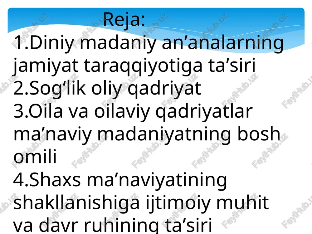 n sog’lom hayot tarzi va turmush madaniyati talablariga amal qilib yashashi lozim.” (o’zbekiston respublikasi prezidenti i.karimovning 2004 yil 7 dekabrda so’zlagan nutqidan) turmush tarzi- inson hayotining shunday bir tayanch nuqtasiki, har bir inson unga tayangan holda, o’z hayotini tubdan o’zgartirishga erishishi mumkin. turmush tarzi – bu jamiyatda odamlarning faoliyati yurish turishi tartibi bo’lib, yashash sharoitlari bilan bog’langan, ularga javob beradi, ulardan u yoki bu darajada foydalanishni nazarda tutadi. turmush tarzi- har bir shaxsning turmush kechirishi yoki boshqacha aytganda ularning yashash faoliyati shaklidir. yashash sharoiti esa turmush tarzi bilan vositalashgan va shartlangan omillar yig’indisi bo’lib belglaydi yoki boshqacha qilib aytsak, yashash sharoiti turmush tarziga ta’sir kursatuvchi moddiy va manaviy omillar yig’indisidan tarkib topadi. sog‘lom odam tabiatning eng bebaho asaridir. t. karleyl inson — tabiatning yer yuzidagi oliy mahsulidir. biroq tabiat yaratgan mo‘‘jizalardan bahra olmoq uchun inson sog‘lom, baquvvat hamda zukko bo‘lmog‘i zarur. i. i. pavlov biz insonning har tomonlama kamol toptirmoqni …