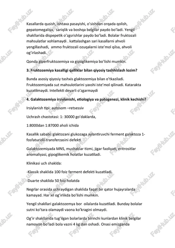 a 100 foiz ferment defekti kuzatiladi. -duarte shaklida 50 foiz holatda negrlar orasida uchraydigan shaklida faqat bir qator hujayralarda kamayad. har xil og’irlikda bo’lishi mumkin. yengil shakllari galaktozemya bor oilalarda kuzatiladi. bunday bolalar sutni ko’tara olamaydi vaona ko’kragini olmaydi. og’ir shakllarida tug’ilgan bolarlarda birinchi kunlardan klinik belgilar namoyon bo’ladi bola vazni 4 kg dan oshadi. onasi emizganda to’xtamasdan qayd qiladi, ichi ketadi, vazni kamayadi, sariqlik, gepatomegaliya, qon ketish va terida gemorragiyalar paydo bo’ladi. gipoglikomiya, talvasa keyinchalik katarakta , jigar sirrozi, nerv- psixik va jismoniy rivojlanishda orqada qolish kuztiladi. 5. galaktozemiya kasalligi fenotipik haritasi? 6. lipidlar almashinuvi buzilishi bilan kechuvchi nasliy kasaliklarni ayting? 7. niman-pik kasalligi irsiylanishi, etiologiya va patogenezi, klinik kechishi? irsiylanish tipi autosom –retsessiv kasallik sababi tug’ma sfingomielinidaza enzimi defekti bu lipidozlar ko’pincha yevriy ashkenazi polpulyatsiyasida ko’puchraydi. deyarli hamma organlar va to’qimalarda sfingolipid va xlestrol to’planadi asosan, mazrkaziy nerv sis temasi va fes- ga boy orgnlarda ( taloq, jigar, …