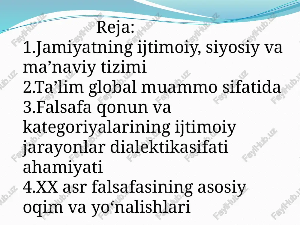 da modernizatsiya jarayonining tez sur'atlarda rivojlanayotganligi sababli ayni davrda ta'lim sohasiga yangiliklarni tizimli ravishda kiritishga alohida e'tibor qaratishni taqozo etadi. ammo, bu sohaga o'qitishning yangi mazmun, shakl, metod va vositalarini joriy etish bo'yicha pedagogik ilmiy-tadqiqotlarning joriy etish darajasini hozircha yetarli deb bo'lmaydi. ta'limning sifatini oshirishda pedagoglar bilim va kasbiy mahoratining davr talablariga mosligi, o'qitishda innovasion ta'lim texnologiyalaridan oqilona foydalanishi, tashkil etilayotgan darslarning samaradorligi, ta'lim oluvchi yaxshi o'zlashtirishi uchun har bir mavzuning pedagogik va axborot texnologiyalarni qo'llagan holda o'tilishini ta'minlash talab etiladi. o'qitishda kompetensiyaviy yondashuvga asoslangan ta'limni amaliyotga joriy etish, ta'lim oluvchilarda egallagan bilimlarini hayotda qo'llay olish, kasb tanlash, mustaqil ta'lim olish, o'quv-bilish kompetensiyalarini rivojlantirish dolzarb vazifalardan biridir. image2.png image3.png image4.png image5.png image6.png image7.png image8.jpeg image9.jpeg image10.jpeg image11.jpeg image12.jpeg image13.jpeg image14.jpeg image15.png image16.png image17.png jamiyatning moddiy xayotiga quyidagilar - kiradi: - r iste'mol qilish; pe munosabatlar maj demak, sxemalarda ko'rsatilganidek, ijtimoiy faoliyatning to'rt asosiy elementiga mos ravishda ijtimoiy hayotning quyidagi to'rt …