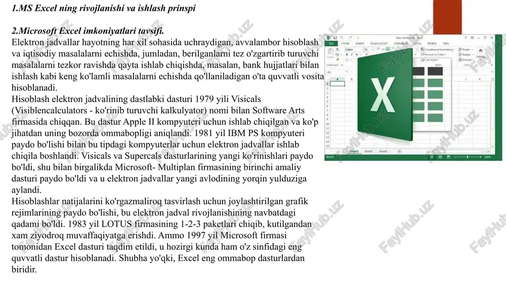 a imkoniyatlarining juda kengligi sababli ular bilan tanishish uzoq davom etishi mumkin, binobarin, aynan ish jarayonida uning yangi-yangi imkoniyatlarini ko'rish mumkin. 2. ishchi kitobi bilan ishlashning asosiy usullari. 1. microsoft excel ishchi joyini tasvirlash. ish joyining asosiy elementlari: - sarlavha paneli - hujjat nomidan iborat bo'lib, tepadan birinchi panel. sarlavha panelida hujjatning sistemali menyusi tugmasi va uni boshqarish tugmalari mavjud; - menyular satri - ikkinchi yo'lak menyular ro'yxatidan iborat bo'lib, ularning har biri shaxsiy menyusiga ega. menyuni tanlash - "sichqoncha" kursorini menyular satridagi menyu nomiga joylab, chap tugmasi bosiladi. har bir menyu vazifalarining tavsifi: - "fayl" menyusi - hujjatlarni hosil qilish, ochish, saqlash va chop etish, excel dan chiqish; - "taxrir" menyusi - diapazondan voz kechish, o'chirish, nusxa olish, joylash, izlash, almashtirish buyruqlari; - "ko'rinish" menyusi - hujjatlarni namoyish etish, uskunalar paneli va hujjat tasvirining masshtabini sozlash; - "o'rnatish" menyusi - hujjatga katakchalar, varaqlar, grafik tasvirlar va diagrammalar joylash; - …