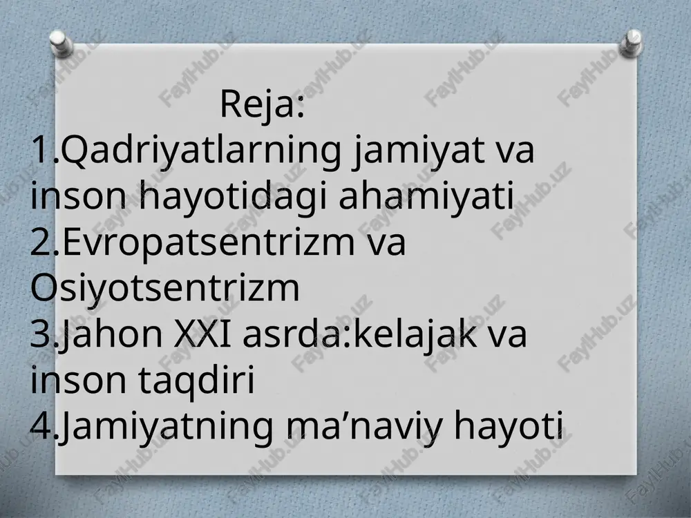 dan biri qonun bo‘lib, u orqali barcha ijtimoiy hayot tartibga solinadi. o‘z boshimcha va qonunsiz jamiyatda obyektiv qadriyat va tartibga soluvchi, muqarrar ravishda kuch ishlatish hisoblanadi. bunda qonun, huquq, axloqiy qadriyat hokimiyat tomonidan siqib chiqariladi. kim kuchli bo‘lsa u to‘g‘ri, barcha qolganlar,garchand haqiqat ular tomonda bo‘lsa ham, zo‘rovonlar oldida juda himoyasiz bo‘lib qoladilar. ilmiy faoliyatning asosiy vazifasi - voqelik haqida bi-limlar to‘plashdir. insoniyat ushbu bilimlarsh anchadan beri to‘gshab kelmoqda. biroq, zamonaviy bilimlarning aksariyati oxirg-i ikki yuz yillikda olingan. bunday notekislikning sa-babi shuidaki, aynan mana shu davrda fanning juda ko‘p imko-niyatlari ochilgan edi. tarixiy masshtabda qaraydigan bo‘lsak, fan - nisbatan yosh ijtimoiy tuzilmadir, uning vujudga ke.sha-niga taxminan 2500 yil bo‘ldi. fanning vujudga kelishi to‘g‘risida turlicha qarashlar. evropatsentrizm va osiyotsentrizm. fanning vujudga kelishi va rivojlanishida g‘arb va sharq mamlakatlari qo‘shgan hissalarni biryoqlama tavsiflash, ularning bir-biriga ko‘rsatgan o‘zaro ta’sirini inkor etish ijtimoiy-falsafiy tafakkur rivojida evropatsentrizm va osiyotsentrizm oqimlarini vujudga keltirdi. mamlakatimizning kelajagi boʻlmish …