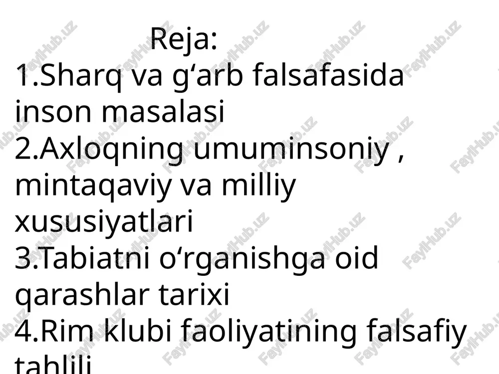 toy falsafiy tizimlari asosan sotsiotsentrik konsepsiyalardan iborat bo‘lib, ularda\inson, odatda, jamiyat,sotsitim bilan uzviy bog‘liq deb qaraladi. qadimgi hind falsafasiga dunyoning ichki dunyosini birinchi o‘ringa qo‘yish, ya'ni antropotsentrizm xosdir. masalan, buddizmda nirvanaga erishish inson barcha niyatlarining pirovard magqsadi deb e'lon qilinadi. teotsentrizm falsafasini boshqa falsafiy nuqtai nazarlar — antropotsentrizm va kosmotsentrizm siqib chiqara boshlagan uyg‘onish davrida insonga doir qarashlarda jiddiy o‘zgarishlar yuz berdi o‘rta asrlarda inson u yoki bu korporatsiya vakili sifatida amal qilgan bo‘lsa, uyg‘onish davrida u o‘zlikni anglash tuyg‘usi va ijtimoiy nuqtai nazari o’sishi natijasida o‘z manfaatlarini ifoda eta boshladi. inson shaxs sifatida kamol topdi. —_ —~ s's nj bn a q > 4 g‘arb falsafasida inson. sharg tafakkurida insonga nisbatan yugorida qayd etilgan yondashuvlar bilan bir qatorda tabiat, kosmos muammolari ham qadimdan muayyan o‘rin egallab keladi. bunda insonga ulkan dunyodagi bir zarra sifatida qaraladi. ammo dunyoga nisbatan kosmotsentrik yondashuv antik falsafa rivojlanishining ilk bosqichlariga ko‘prog xosdir. dunyoning mazkur …