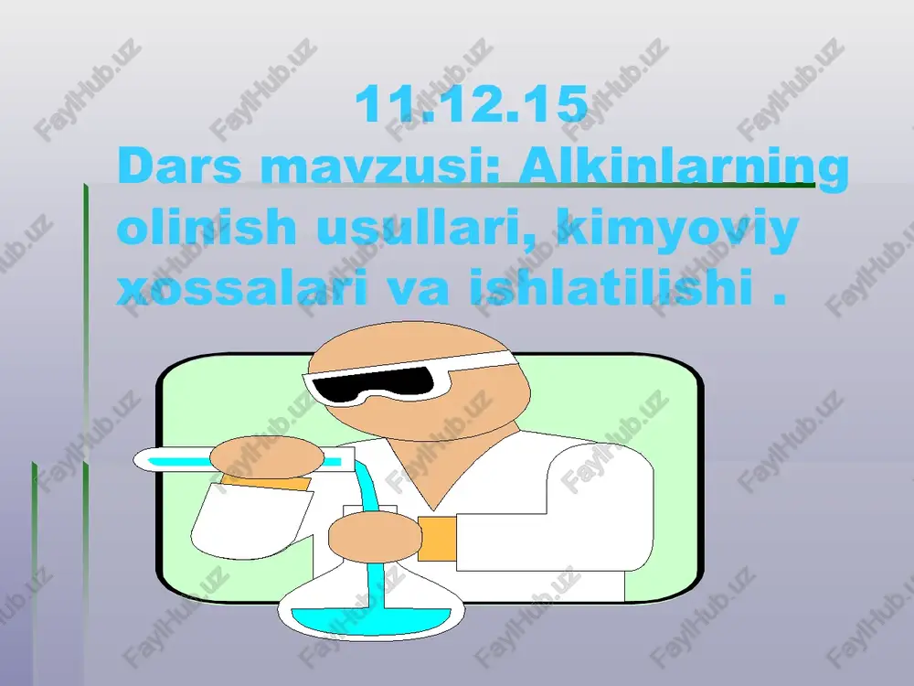 a qobiliyati alkenlarga qaraganda ancha yuqoridir. shu sababli qutbli molekulalar (suv, spirt, aminlar va ho ) reaksiyaga oson va yaxshi kirishadi. alkinlar asosan birikish, oksidlanish, almashinish va polimerlanish reaksiyalariga kirishadi. a) birikish reaksiyasi: 1)alkinlarning gidrogenlanishi (vodorodning birikishi ). alkinlarda vodorodning birikishida paladiy, platina va nikel katalizatorlar ishtirokida oson boradi. birikish reaksiyasi 2ta p bog’ hisobiga ikki bosqichda boradi: ch ch + h-h ni ch2 ch2 + h - h ni ch3 – ch3 etin etilen etan 2) galogenlarning birikishi. alkinlarga galogenlarning birikishi ham ikki bosqichda boradi ch ch + gal2 galch chgal + gal2 gal2ch – chgal2 3) vodorod galogenidlarning birikishi (markovnikov qaidasiga ko’ra boradi) a) ch ≡ ch + hgal ch2= chgal + hgal galch2- ch2gal b)ch3–ch(ch3) – c c – ch3+hcl ch3 – ch(ch3)–ccl = ch – ch3 4-metilpentin-2 4-metil-3-xlorpenten-2 + hcl ch3 – ch(ch3) – chcl - chcl – ch3 4-metil-2,3-dixlorpentan 4)alkinlarga suvning birikishi: alkinlar katalizator (hg2+ …