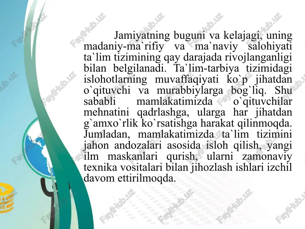 hi, umrini zurriyodlarini asrab-avaylab, voyaga etkazishga bag`ishlagan zot. dedim: — komili ustoz kim? dedi: — o`zida zoxiriy va botiniy go`zallikni mujassam etgan zot. dedim: — qanday ustoz shogirdi uchun ibrat bo`la oladi? dedi: — pok orzulariga uning o`zidek ishonsa, muvaffaqiyatiga undan-da ortiq quvonsa… shogirdining har bir ishiga mehrli va e`tiborli bo`lsa. ota kim ? ustoz kim ? sharq allomalarining yondashuvi “o`qituvchi va rahbarning vazifasi dono davlat rahbari vazifasiga o`qshaydi, shu sababli o`qituvchi eshitgan va ko`rganlarining barchasini eslab qolishi, aql-farosatga, chiroyli nutqga ega bo`lishi, o`quvchilarga aytmoqchi bo`lgan fikrini to`la va aniq ifodalay olishi lozim. shu bilan birga o`zi ornomusini qadrlash, adolatli bo`lishi lozim. anashundagina u insoniylikning yuksak darajasiga ega bo`ladi va baxt cho`qqisiga erishadi” abu nasir al farobiy rivoyat qilinishicha, imom buxoriy (rahmatullohi alayh) xazratlari makkai mukarramada ta`lim berayotgan chog`da bir ziyoratchi buxoroi sharifdagi ustozlardan salom va maktub keltiradi. bu xabarni eshitgan imom buxoriy (r.a.) buxoroi sharif tomonga yuzlanib, salomiga alik …